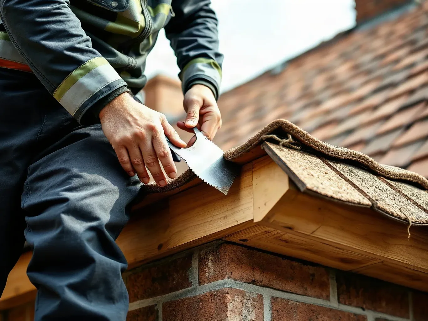 A roofer in full workwear standing at the eaves of a pitched residential roof and using a metal roofing trowel to probe the rotted end of a timber fascia board where it has pulled away from beneath the bottom course of clay tiles.
