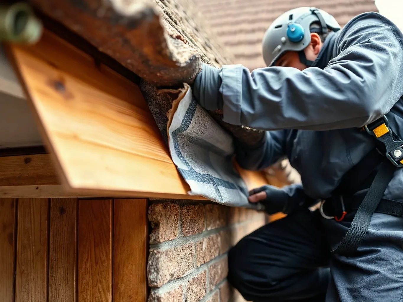 A roofer in a safety harness kneeling at the roofline of a pitched residential roof and lifting a section of old timber soffit board away from the wall to reveal the rafter feet and roofing felt underlayment tucked behind the fascia above.