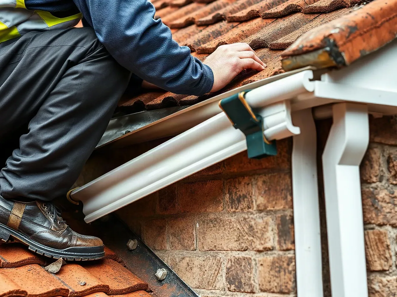 A roofer in full workwear crouching at the eaves of a pitched residential roof and aligning a replacement uPVC soffit panel beneath the bottom course of clay tiles while a new gutter bracket is clipped to the fascia beside it.