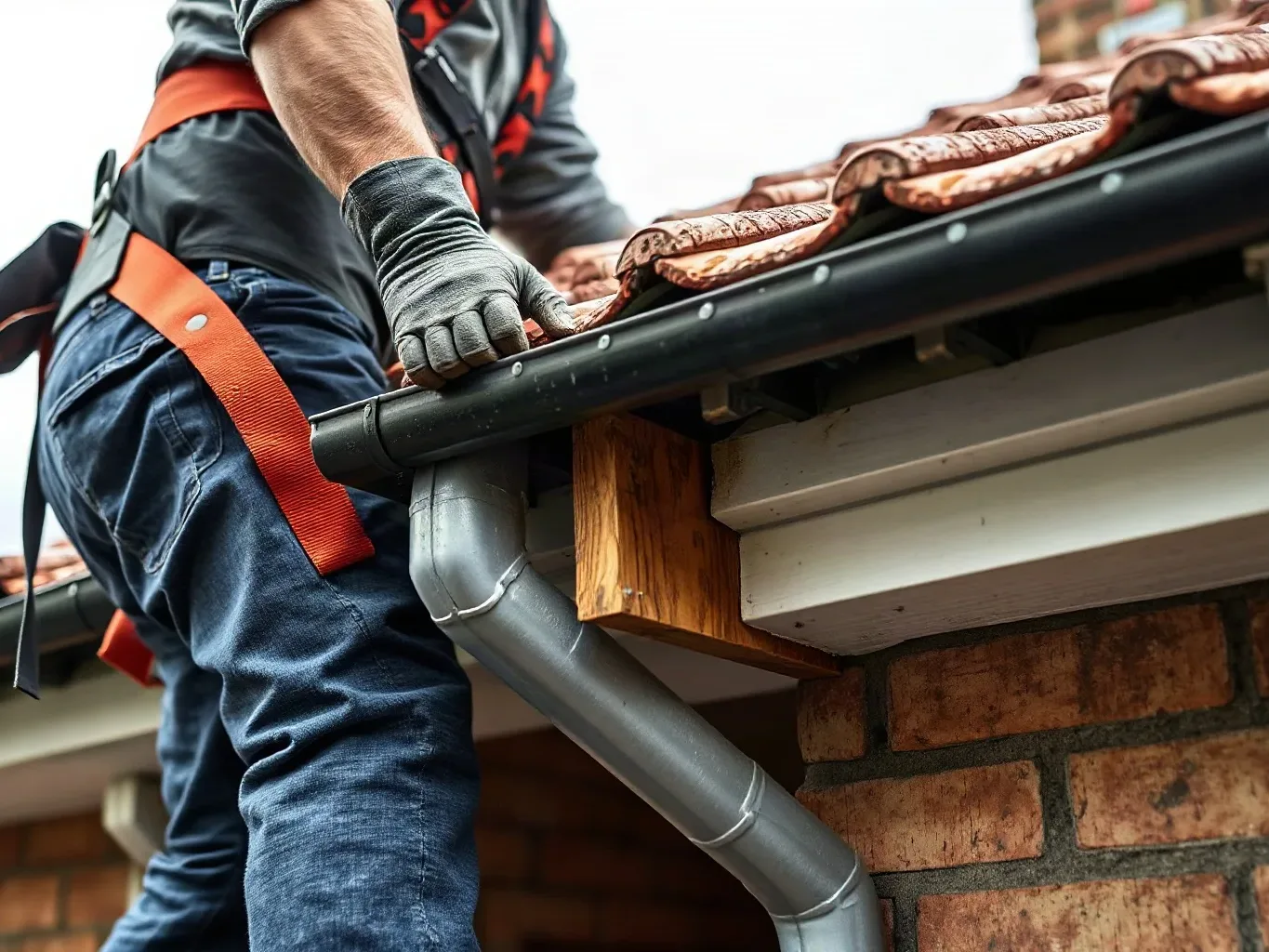 A roofer in a safety harness gripping a sagging gutter section at the eaves of a pitched residential roof and pressing it back toward a detached fascia board while the clay tile course above remains intact on a grey overcast day.