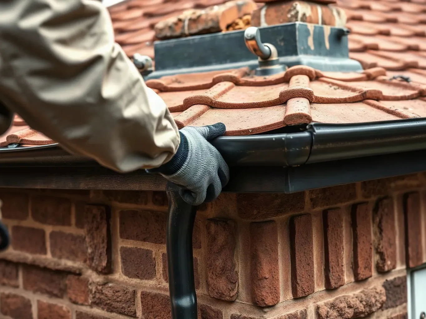 A roofer in full workwear standing at the base of a pitched residential roof and running a gloved hand along the underside of a timber fascia board to test for soft rot while the clay tile course and lead flashing around the chimney stack are visible above.