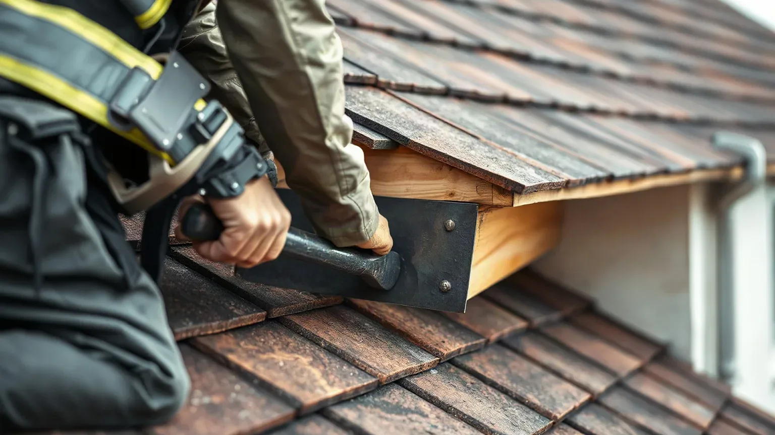 A roofer in a safety harness crouching at the roofline of a pitched residential roof and using a slate ripper tool to prise away a section of failed timber soffit board that has pulled clear of the wall beneath the clay tile eaves course.