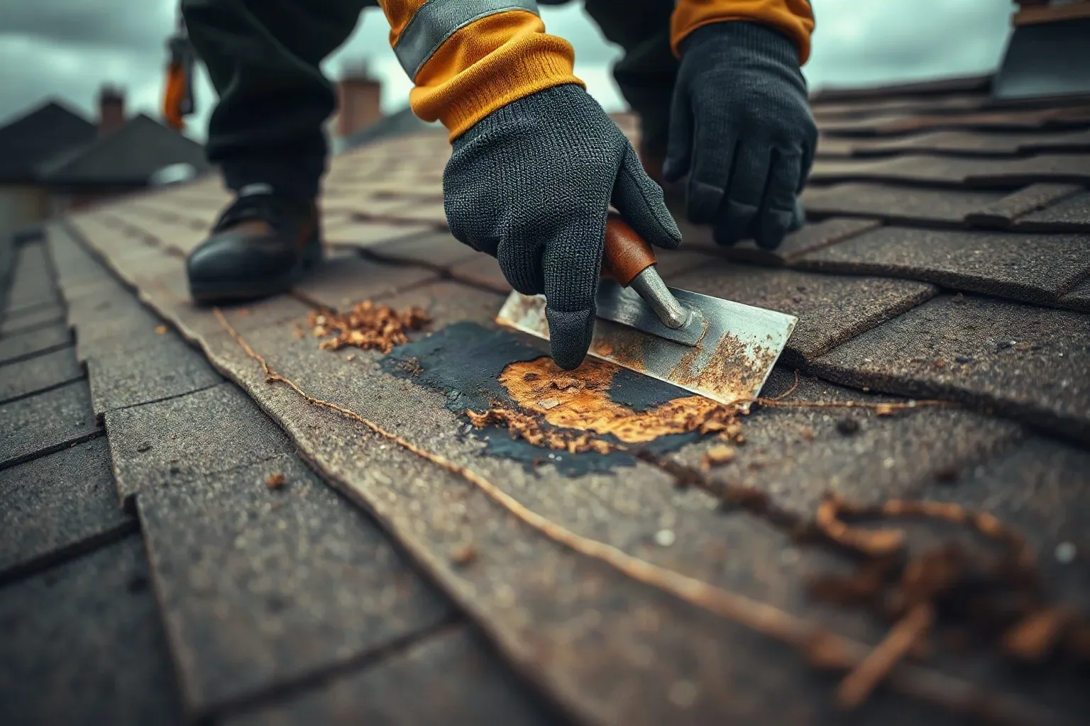 A roofer in full workwear pressing both gloved hands onto the surface of a flat residential roof and locating a soft decayed area beneath an old felt membrane before marking the perimeter of the affected zone with a metal roofing trowel on a cloudy day.