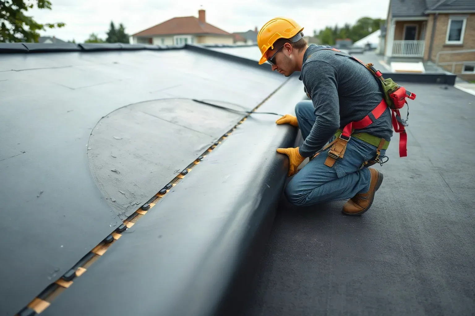 A roofer in a safety harness crouching on a flat residential roof beside a freshly stripped deck section and unrolling a new EPDM rubber membrane sheet across the exposed boarding in preparation for bonding on a grey overcast afternoon.