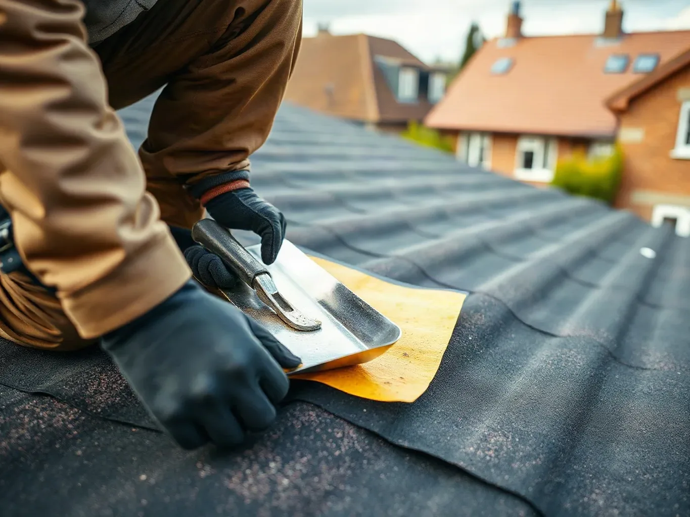 A roofer in full workwear kneeling on a flat residential roof and using a metal roofing trowel to lift a corner of the existing felt membrane and examine the insulation layer beneath for water saturation before completing a replacement estimate.