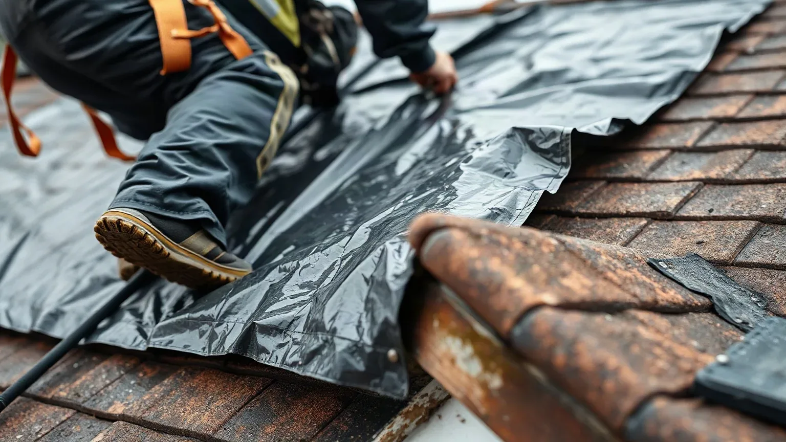 A roofer in a safety harness spreading a heavy-duty reinforced tarpaulin across a flat residential roof and pressing its leading edge beneath the parapet coping to create a temporary weather seal on a wet overcast day.
