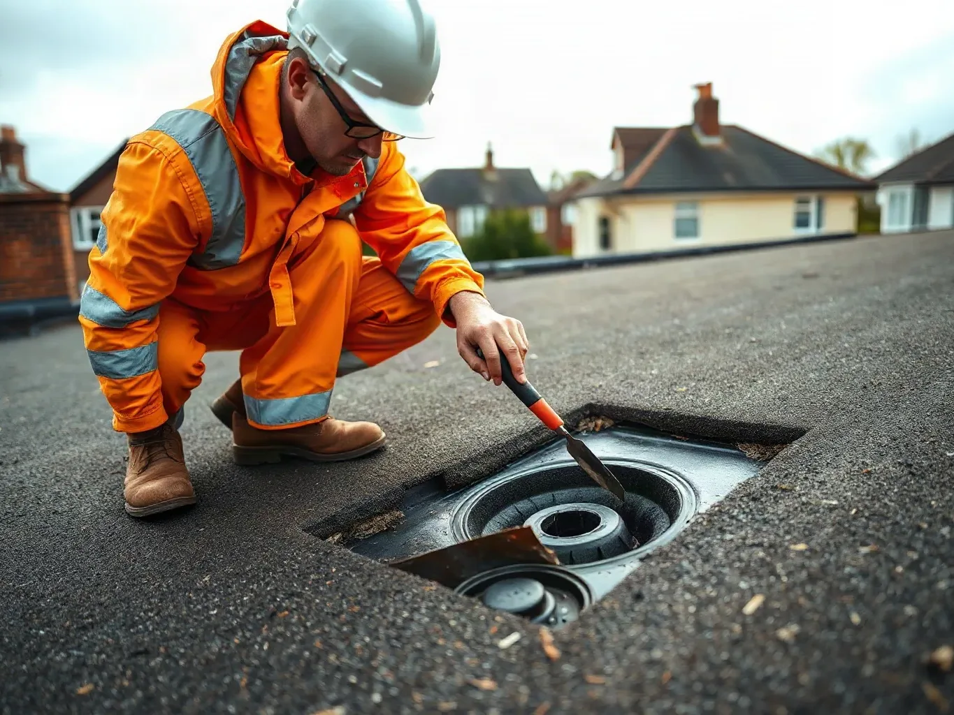 A roofer in full workwear crouching at the drainage outlet of a flat residential roof and using a metal roofing trowel to check the condition of the felt membrane around the outlet collar before writing up a replacement specification on a grey afternoon.