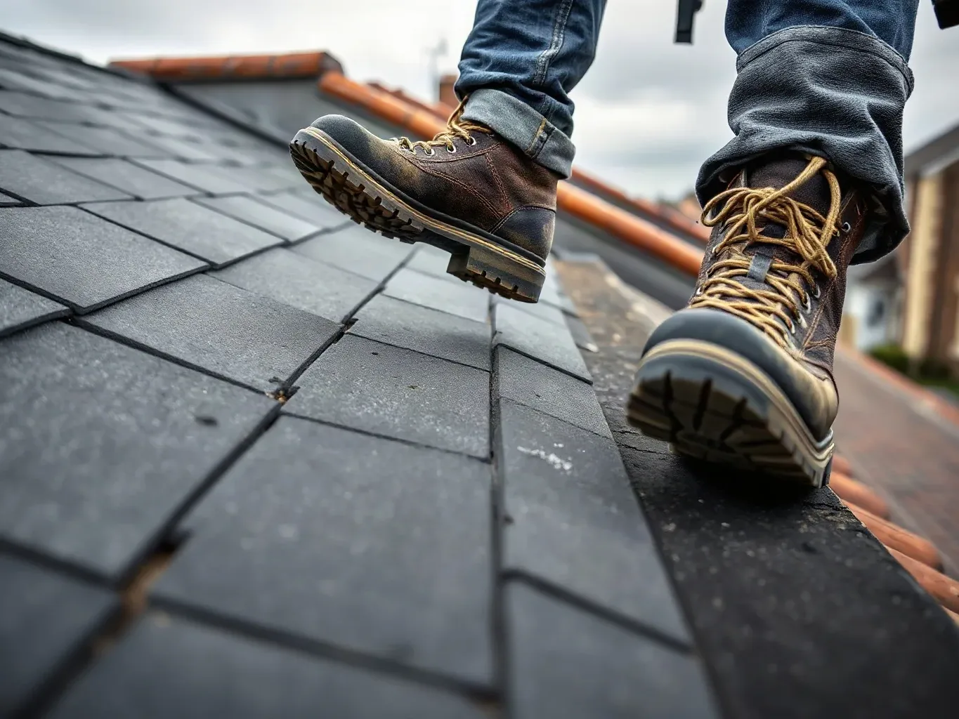 A roofer in a safety harness walking the perimeter edge of a flat residential roof and pressing the toe of a work boot gently against the upstand felt to test its adhesion to the raised timber kerb during a pre-replacement survey on a cloudy grey day.