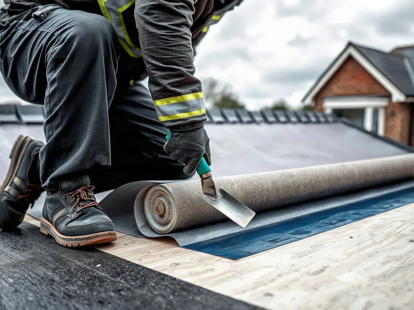 A roofer in full workwear kneeling on a flat residential roof extension and using a metal roofing trowel to apply bonding adhesive across the plywood deck before unrolling a new GRP fibreglass matting sheet into position on a cloudy afternoon.