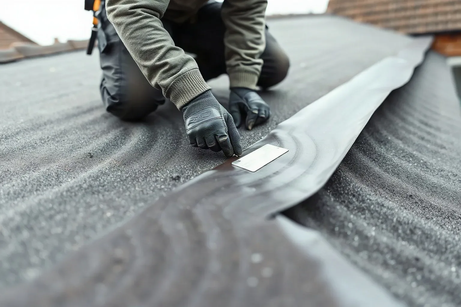 A roofer in a safety harness crouching on a flat residential roof extension and pressing the trimmed perimeter of an EPDM rubber membrane beneath the drip edge with a metal roofing trowel to seal the outer boundary on a grey overcast day.