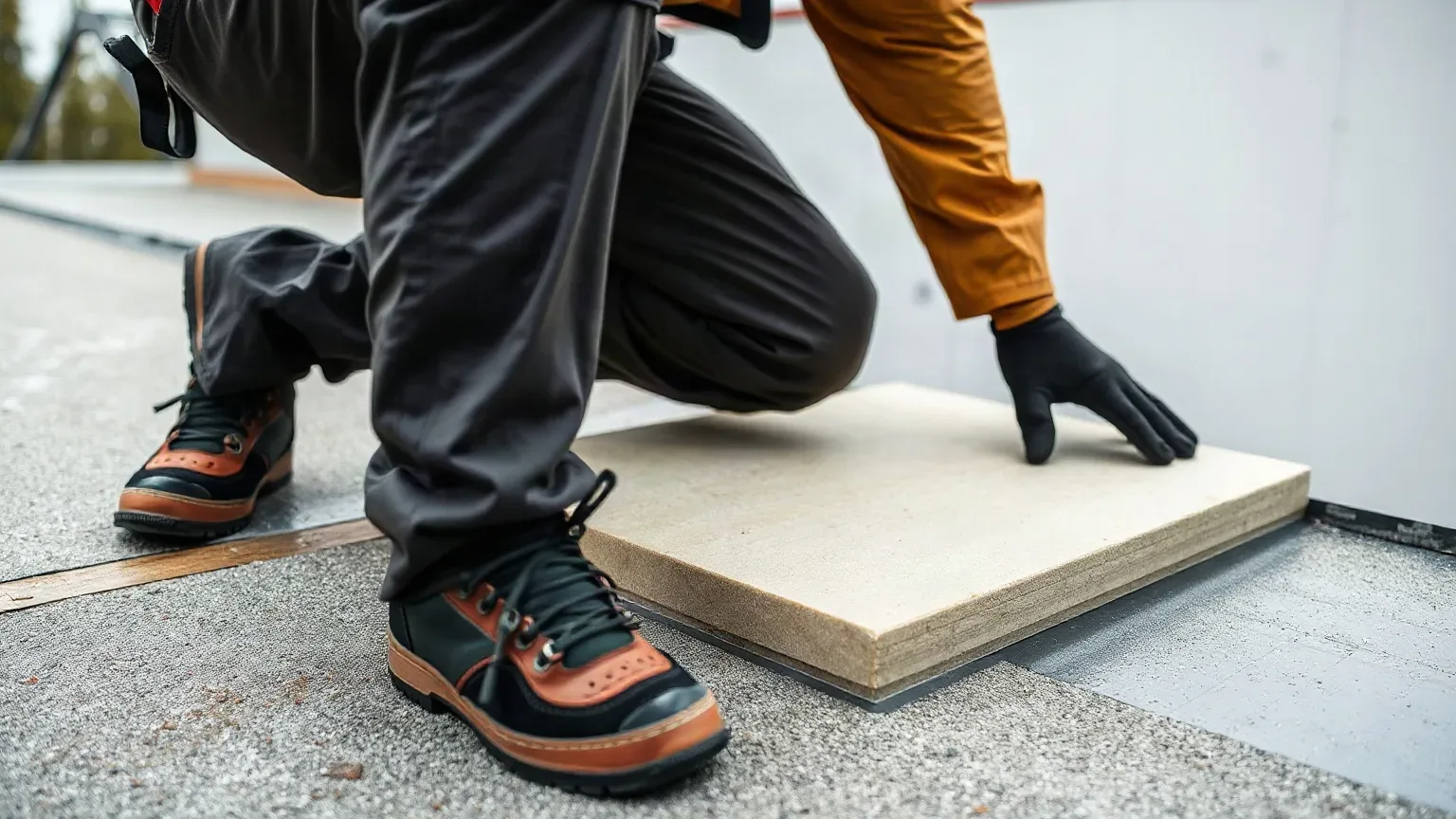 A roofer in full workwear placing a rigid insulation board flat onto a flat residential roof deck beside an already-fitted section and pressing it down firmly before the waterproofing membrane layer is applied on a dull overcast afternoon.