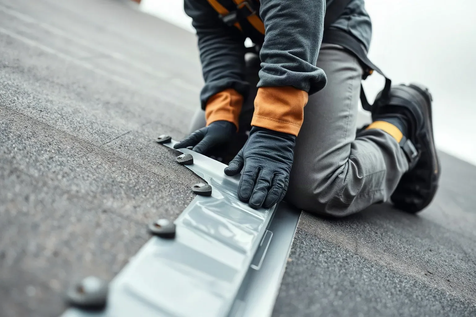 A roofer in a safety harness kneeling at the corner of a flat residential roof extension and sealing the internal angle junction between the membrane and upstand using self-adhesive flashing tape pressed flat with both gloved hands on a grey day.