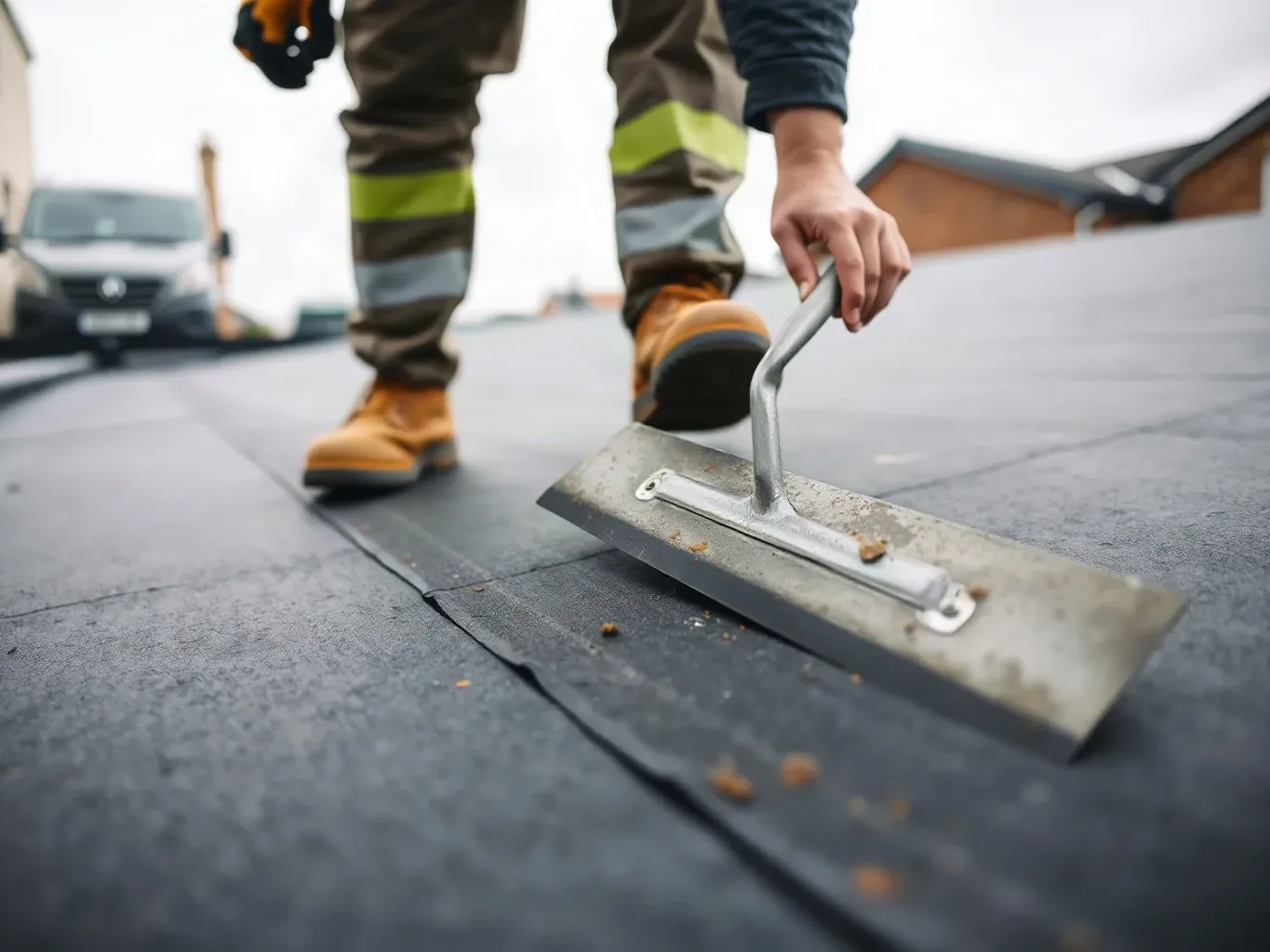A roofer in full workwear slowly walking across a flat residential roof extension deck and pressing the tip of a metal roofing trowel into the membrane surface at intervals to check for soft spots during a pre-quote site assessment on a cloudy overcast afternoon.
