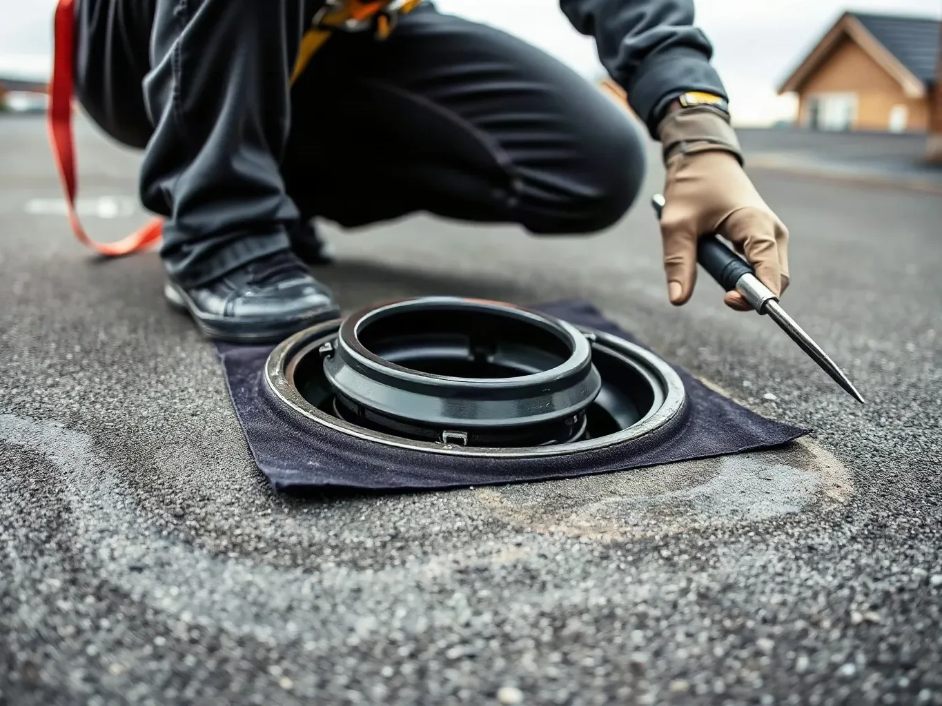 A roofer in a safety harness crouching at the drainage outlet of a flat residential roof extension and smoothing the EPDM membrane collar around the outlet collar with a metal roofing trowel to ensure a watertight seal on a grey overcast day.