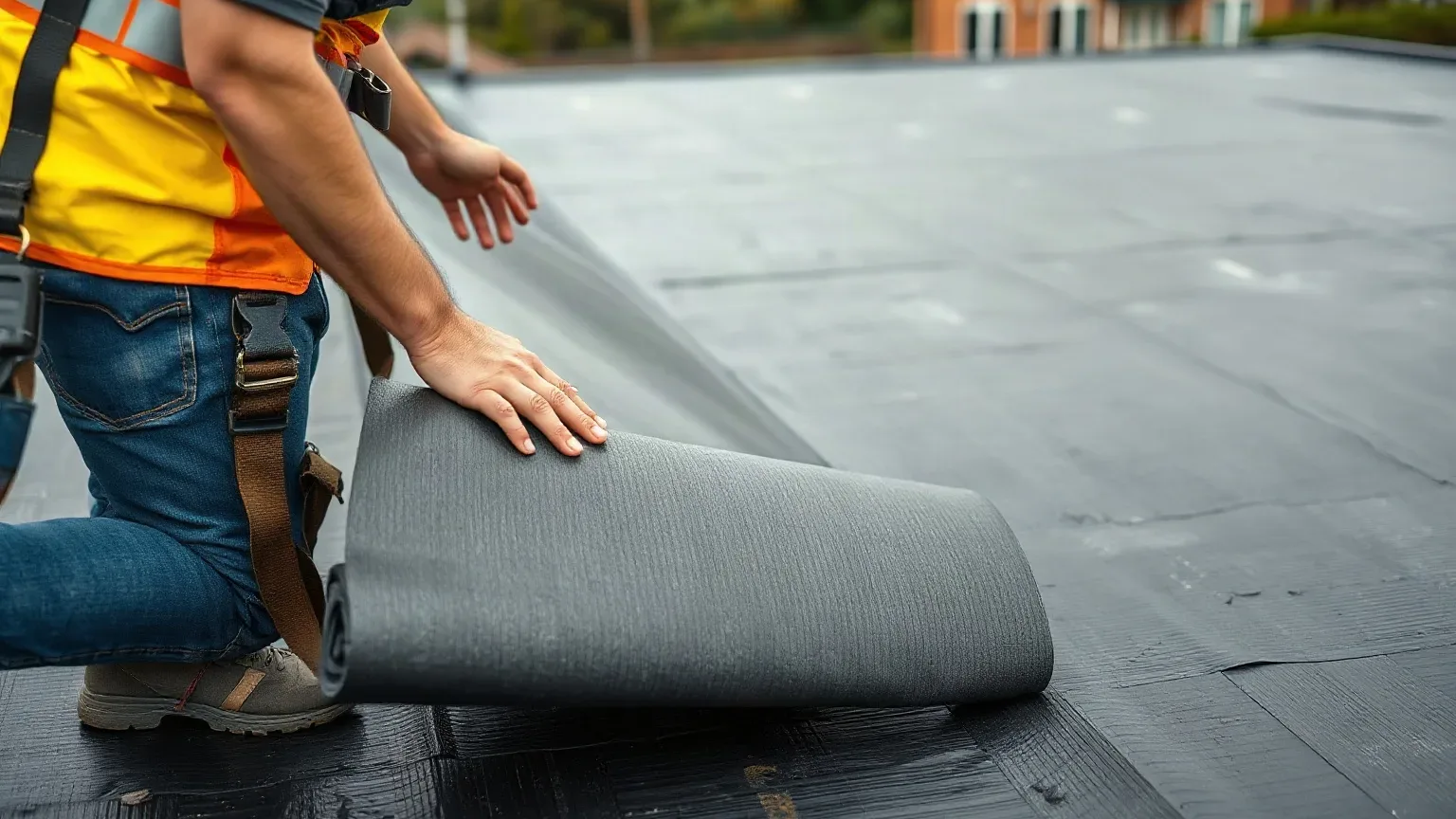 A roofer in a safety harness unrolling a thick EPDM rubber sheet across a freshly prepared flat roof deck on a residential extension and pulling it taut toward the far upstand edge on a grey overcast afternoon.