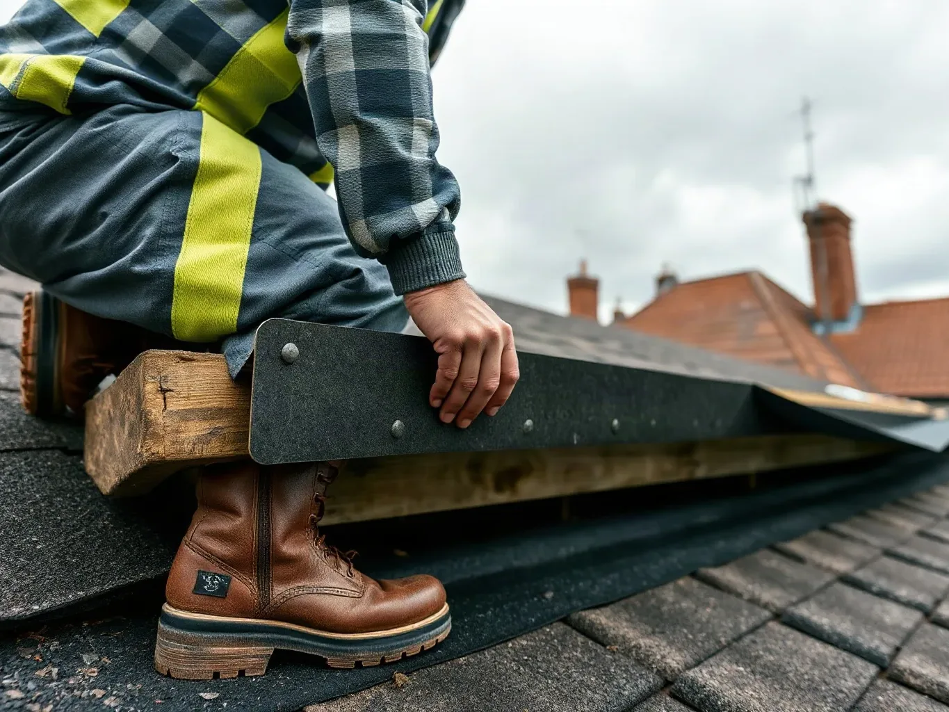 A roofer in full workwear crouching at the upstand of a flat residential roof and pressing a trimmed felt underlayment strip firmly against the raised timber kerb with a metal roofing trowel before bonding its edge on a cloudy day.