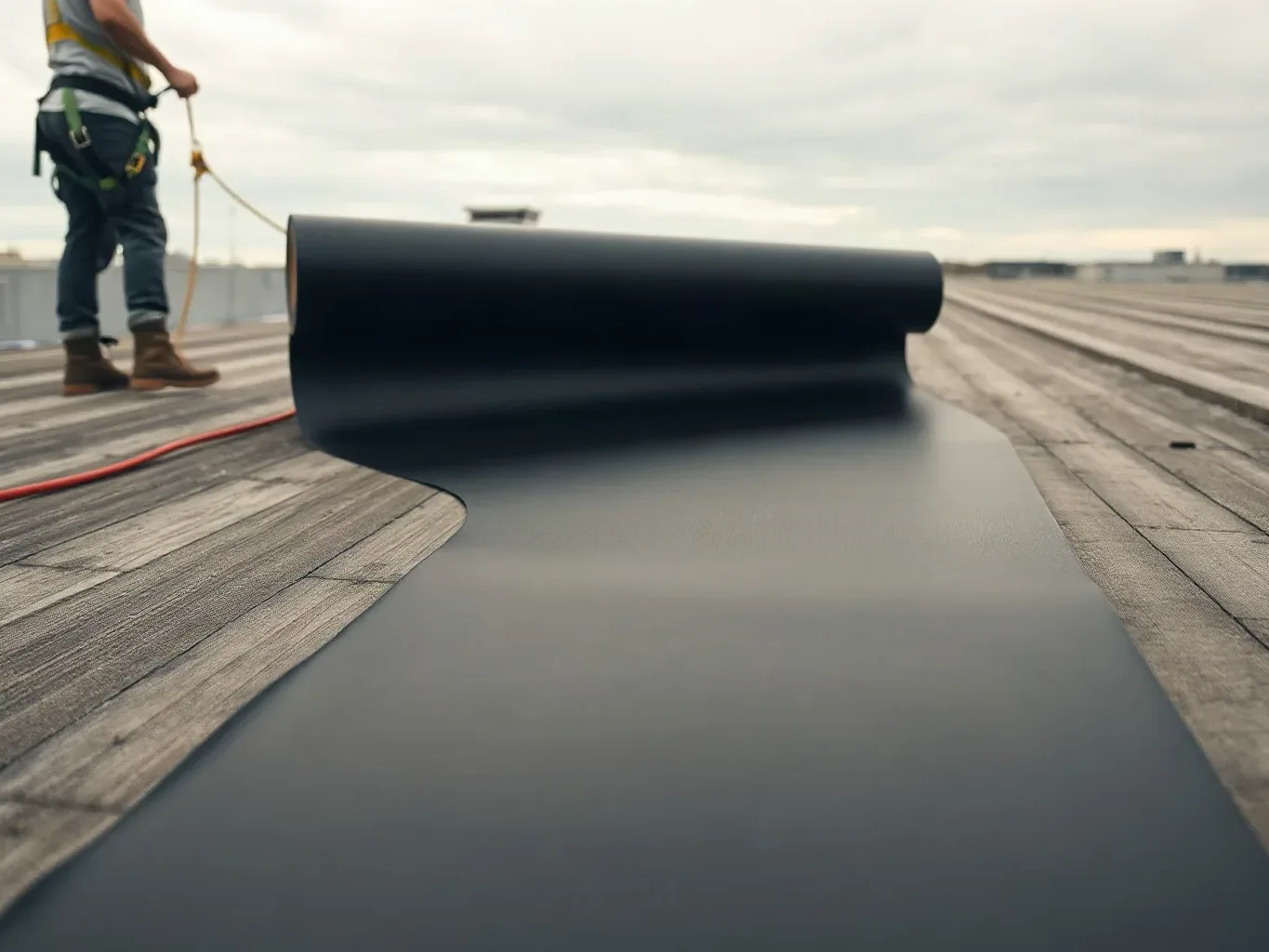 A roofer in a safety harness standing on a large flat commercial roof and unrolling a wide single-ply membrane sheet across the prepared deck surface while keeping the leading edge flat against the boards on a grey overcast day.