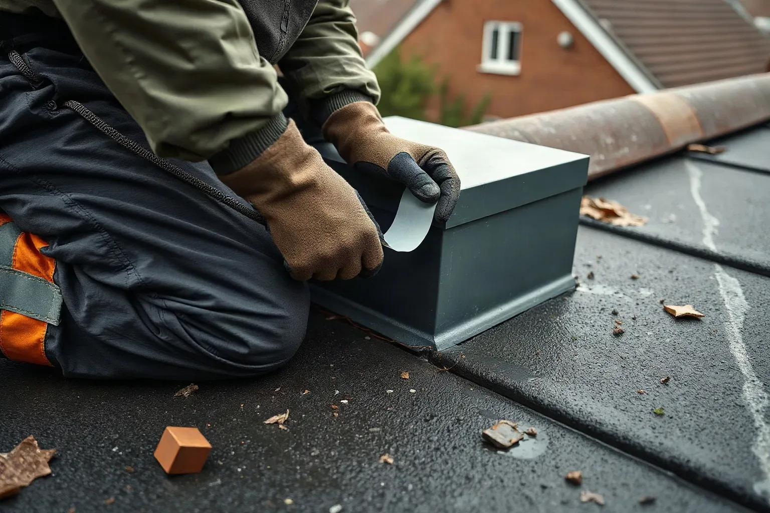 A roofer in full workwear kneeling at the corner junction of a flat residential roof and pressing self-adhesive flashing tape firmly over the internal angle where the membrane meets the upstand with both gloved hands on a damp overcast afternoon.