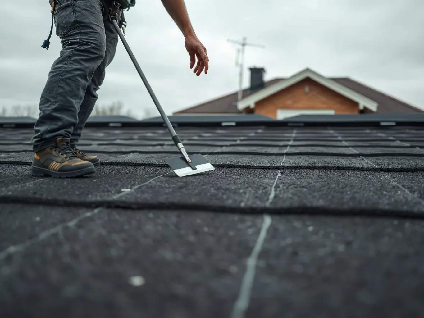 A roofer in a safety harness walking slowly across a flat residential roof deck and pressing each area underfoot while holding a metal roofing trowel to probe soft sections of the existing membrane during a pre-quote survey on a grey day.