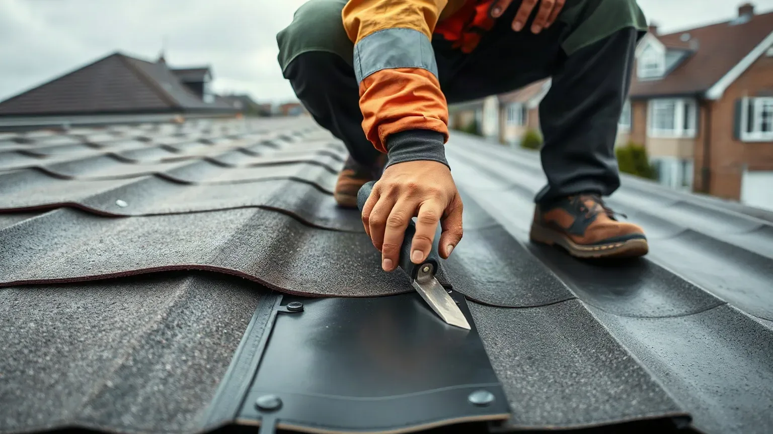 A roofer in full workwear crouching on a flat residential roof and smoothing the bonded seam between two sections of rubber membrane with a metal roofing trowel to ensure a watertight join at the overlap on a cloudy overcast afternoon.