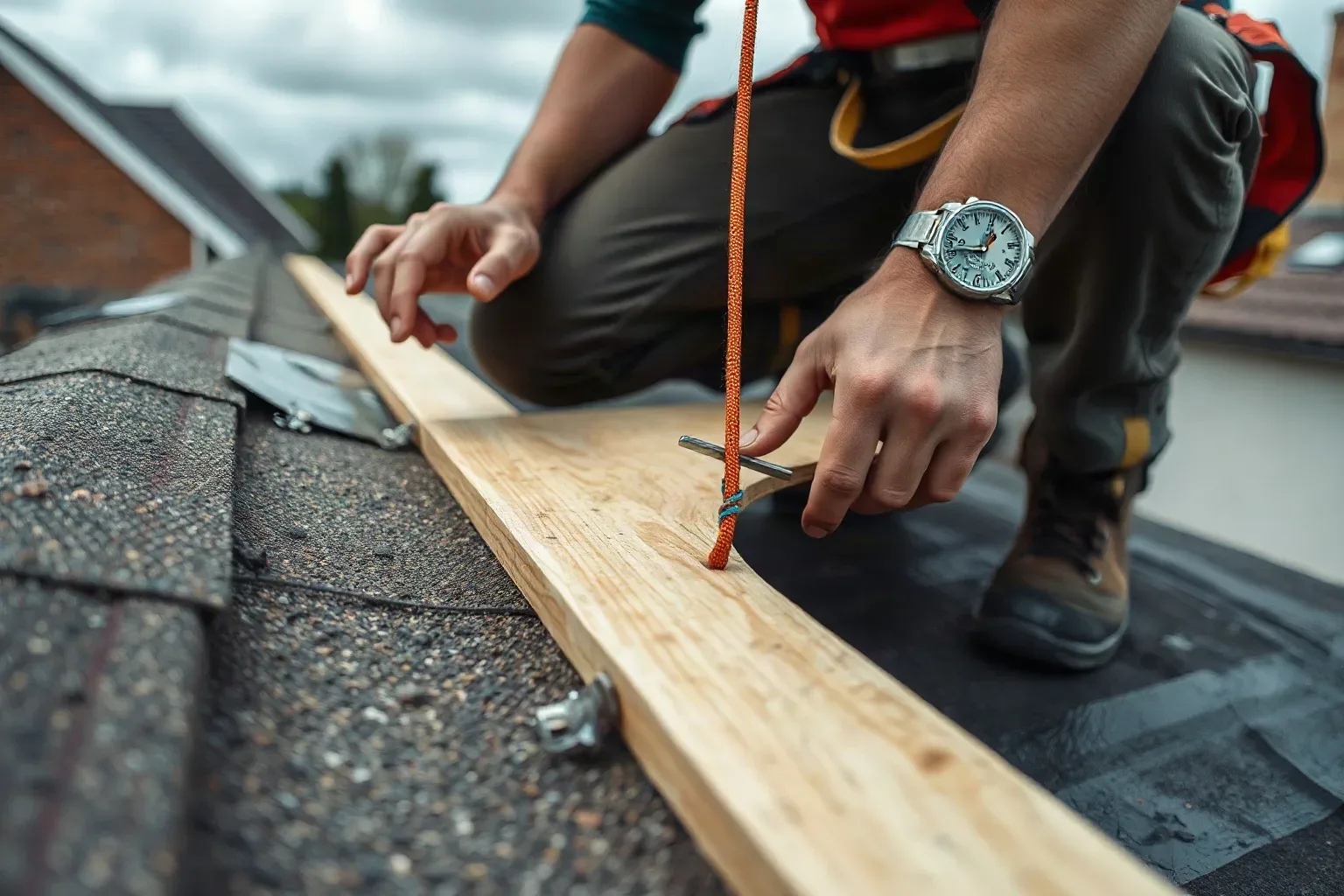 A roofer in a safety harness crouching on a flat residential roof and pressing the cut edge of a rigid insulation board tightly against a neighbouring board to close the joint before the membrane layer is applied on a cloudy overcast afternoon.