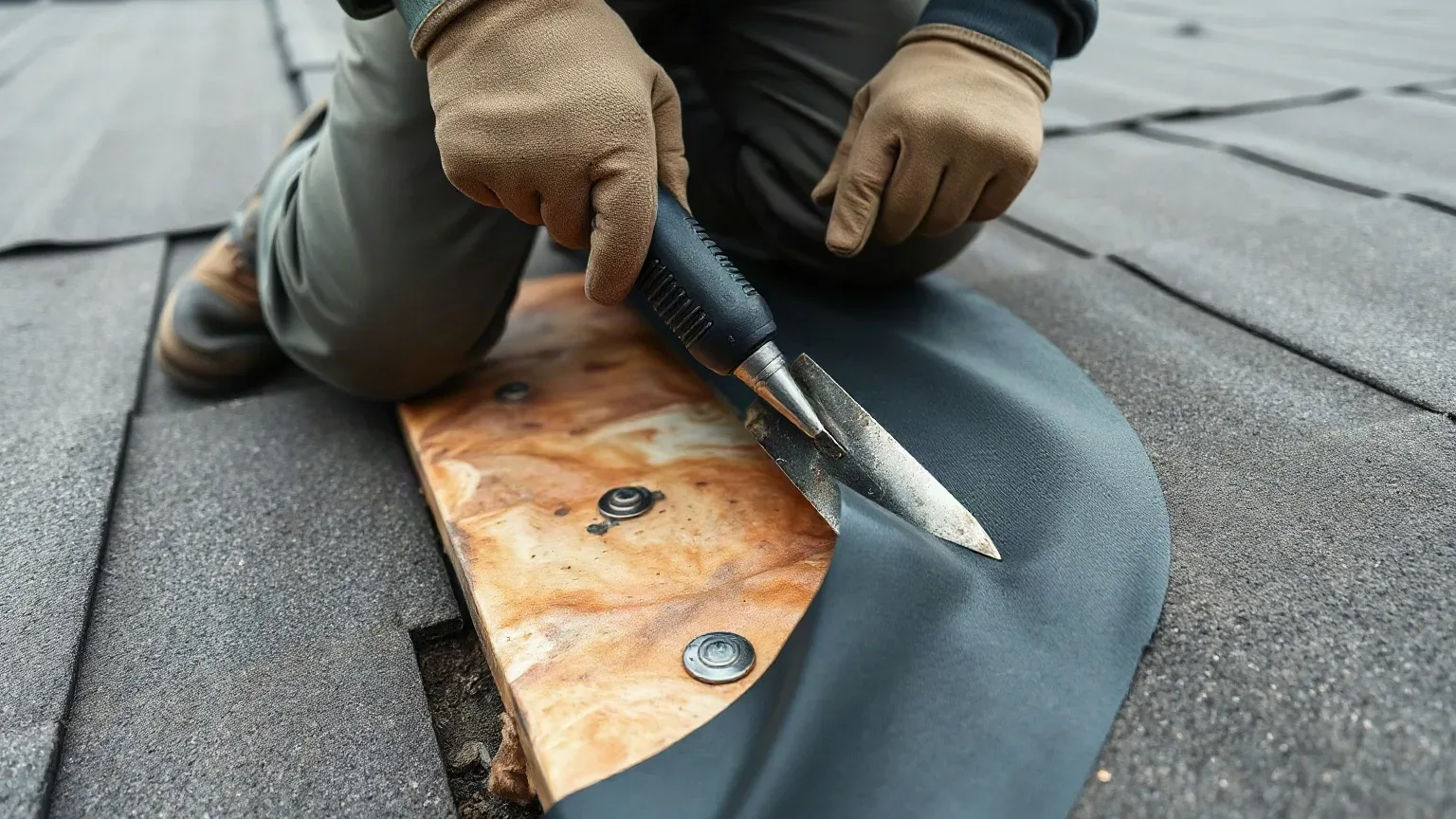 A roofer in full workwear kneeling on a flat residential roof and using a metal roofing trowel to lift the corner of an existing membrane to reveal the thin and partially degraded insulation layer beneath during a pre-replacement condition check on a grey day.