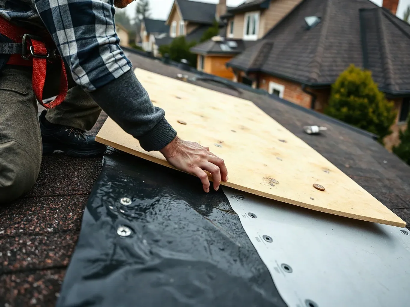 A roofer in a safety harness placing a rigid insulation board onto a flat residential roof deck and pressing its surface flat while positioning it beneath a partially unrolled EPDM rubber membrane sheet on a damp overcast afternoon.