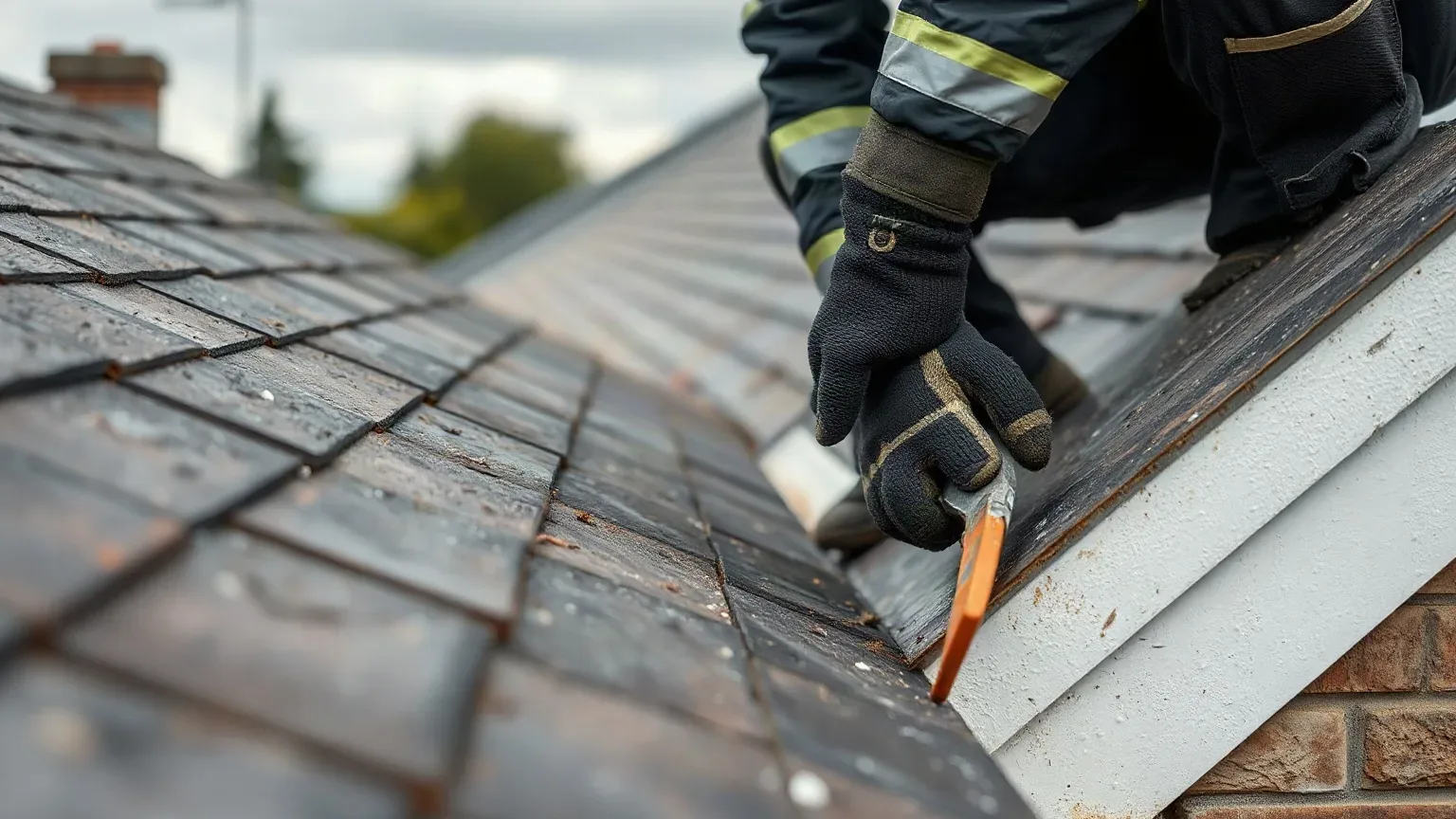 A roofer in full workwear crouching at the edge of a flat residential roof and pressing the perimeter insulation board firmly down against the deck beside the upstand before trimming it flush with a slate ripper tool on a grey overcast day.