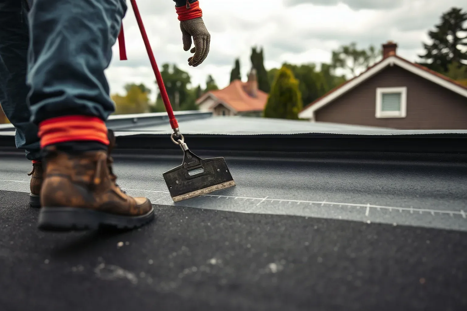 A roofer in a safety harness walking slowly across a flat residential roof and pressing a metal roofing trowel blade into the membrane surface at measured intervals to detect underlying insulation voids during a survey visit on a cloudy afternoon.
