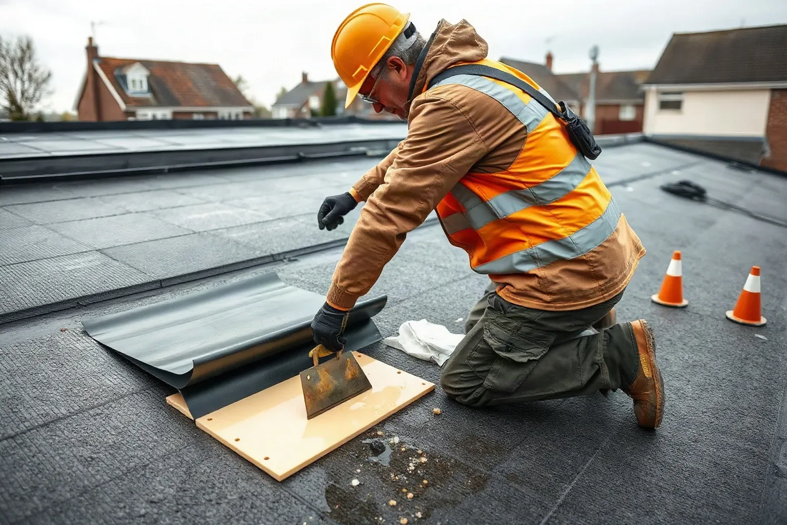 A roofer in full workwear kneeling on a flat residential roof and pressing a layer of fibreglass matting over a rigid insulation board before spreading liquid GRP resin on top with a metal roofing trowel to begin forming the waterproof layer on a grey overcast day.