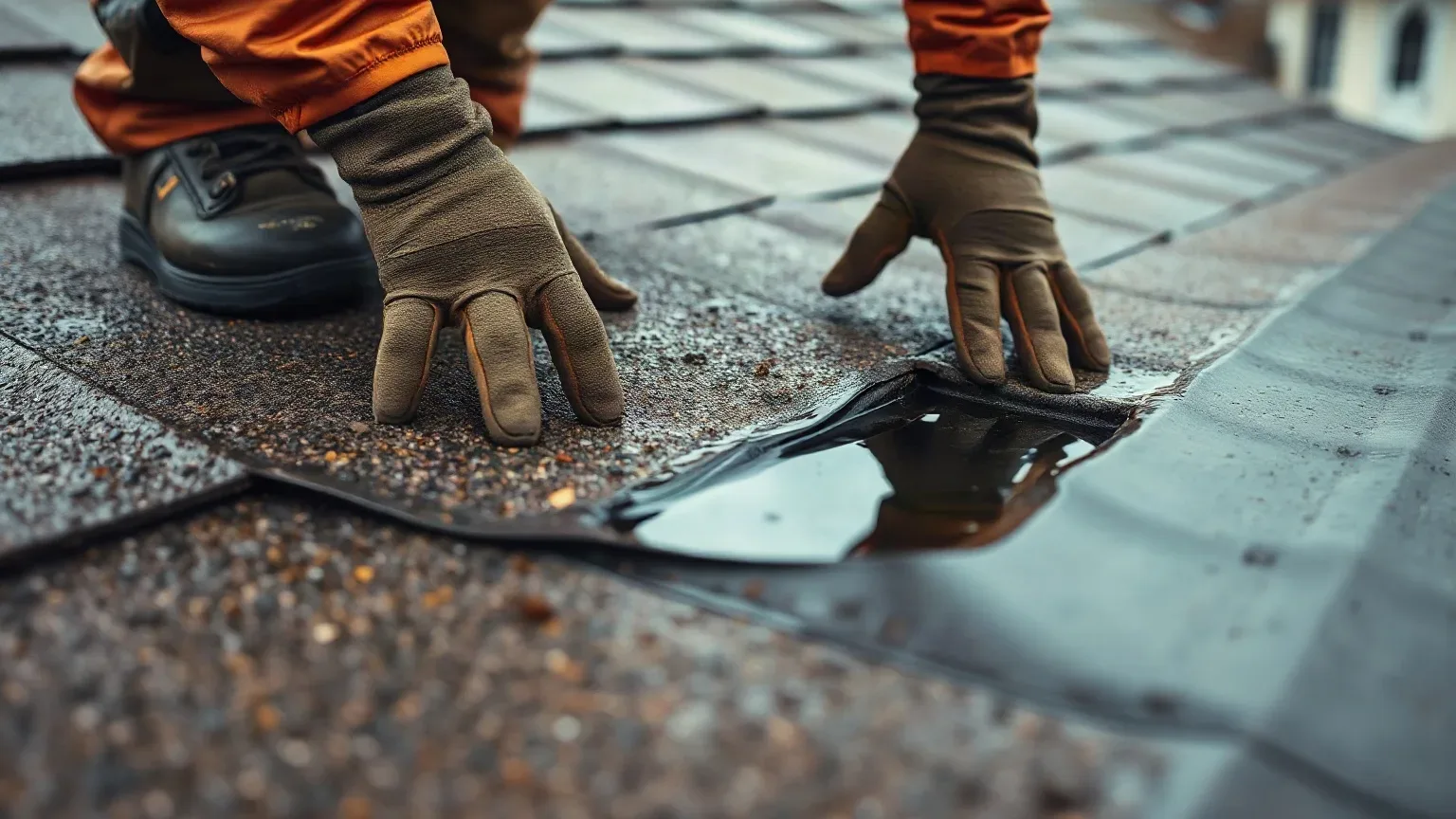 A roofer in full workwear pressing both gloved hands onto a flat residential roof surface to locate a spongy decayed area beneath the membrane while pooled water sits undrained in a shallow depression nearby on a wet overcast day.