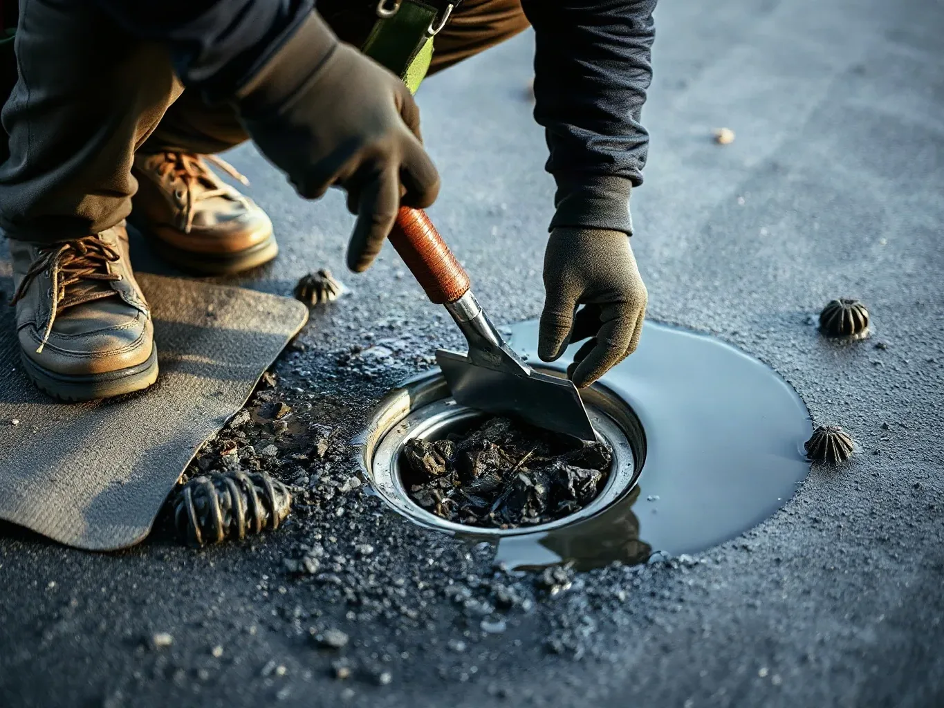 A roofer in a safety harness crouching at the drainage outlet of a flat residential roof and clearing compacted debris from the collar with a metal roofing trowel while standing water covers a wide area of the membrane surface around it.