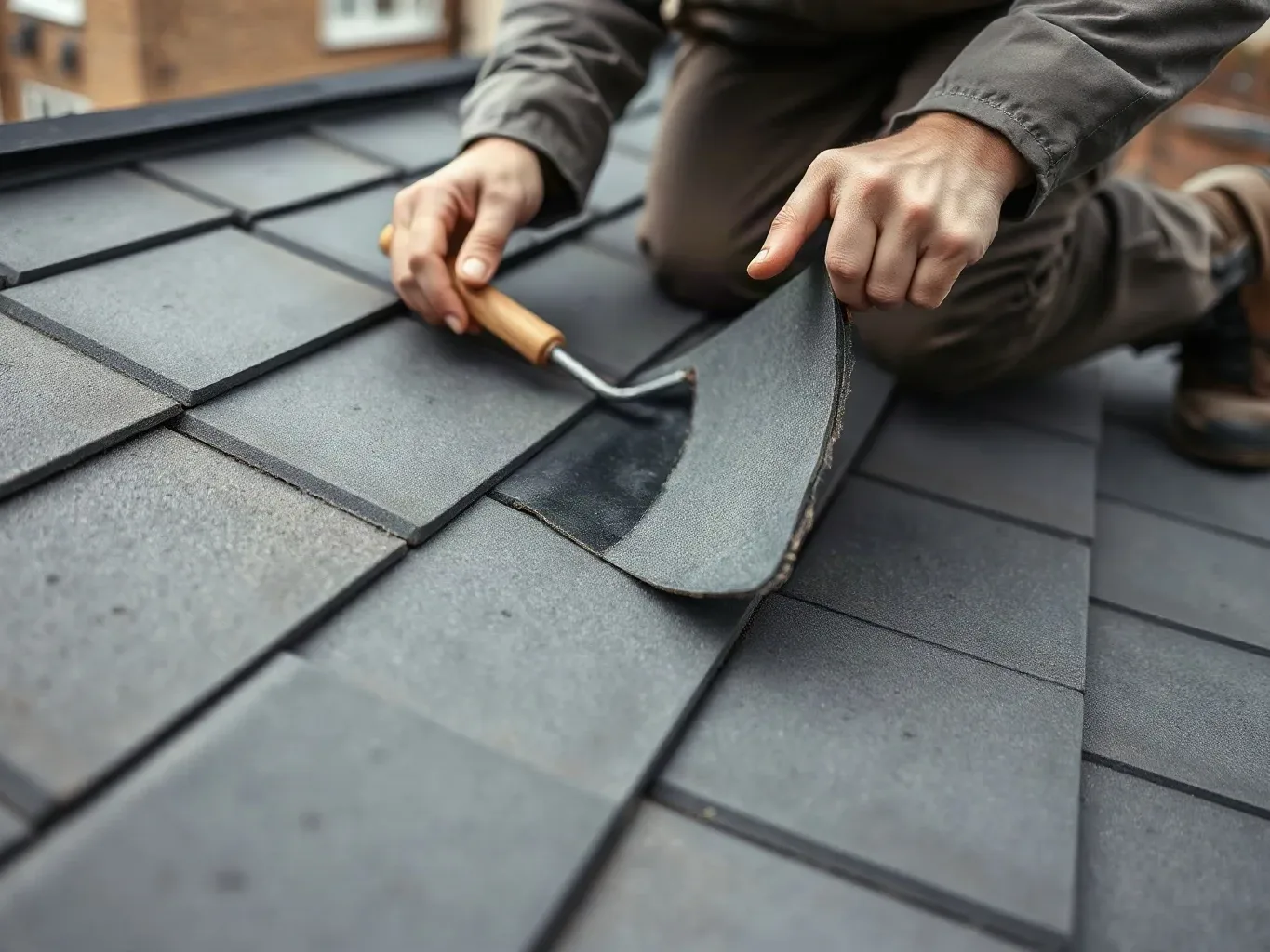 A roofer in full workwear kneeling on a flat residential roof and using a slate ripper tool to peel back a curled edge of felt cap sheet and examine the granule loss and exposed bitumen beneath on a grey overcast afternoon.
