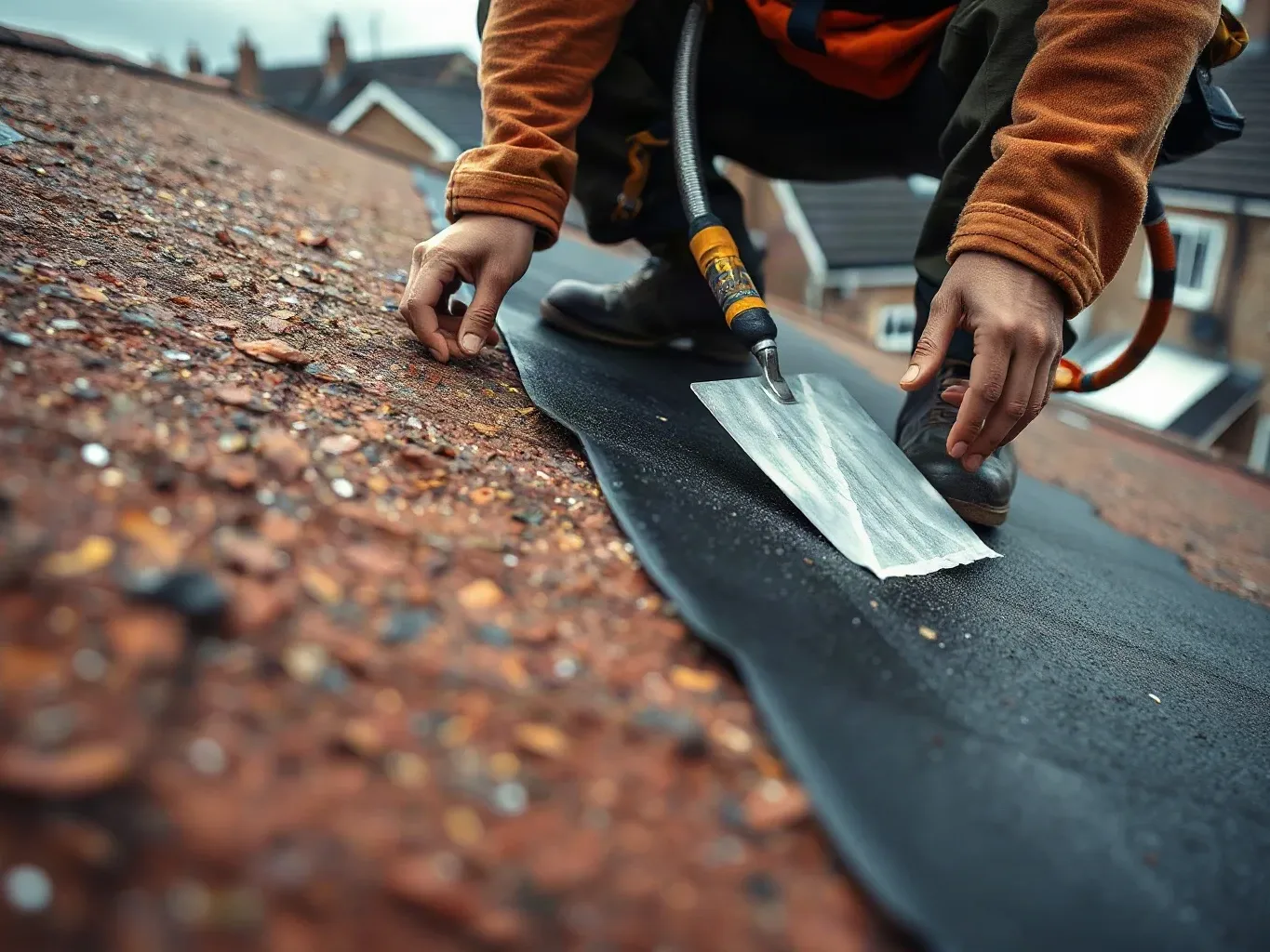 A roofer in a safety harness crouching on a flat residential roof and pressing self-adhesive flashing tape over a split seam in the felt membrane as a temporary measure while marking the surrounding failed area with a metal roofing trowel on a wet overcast day.