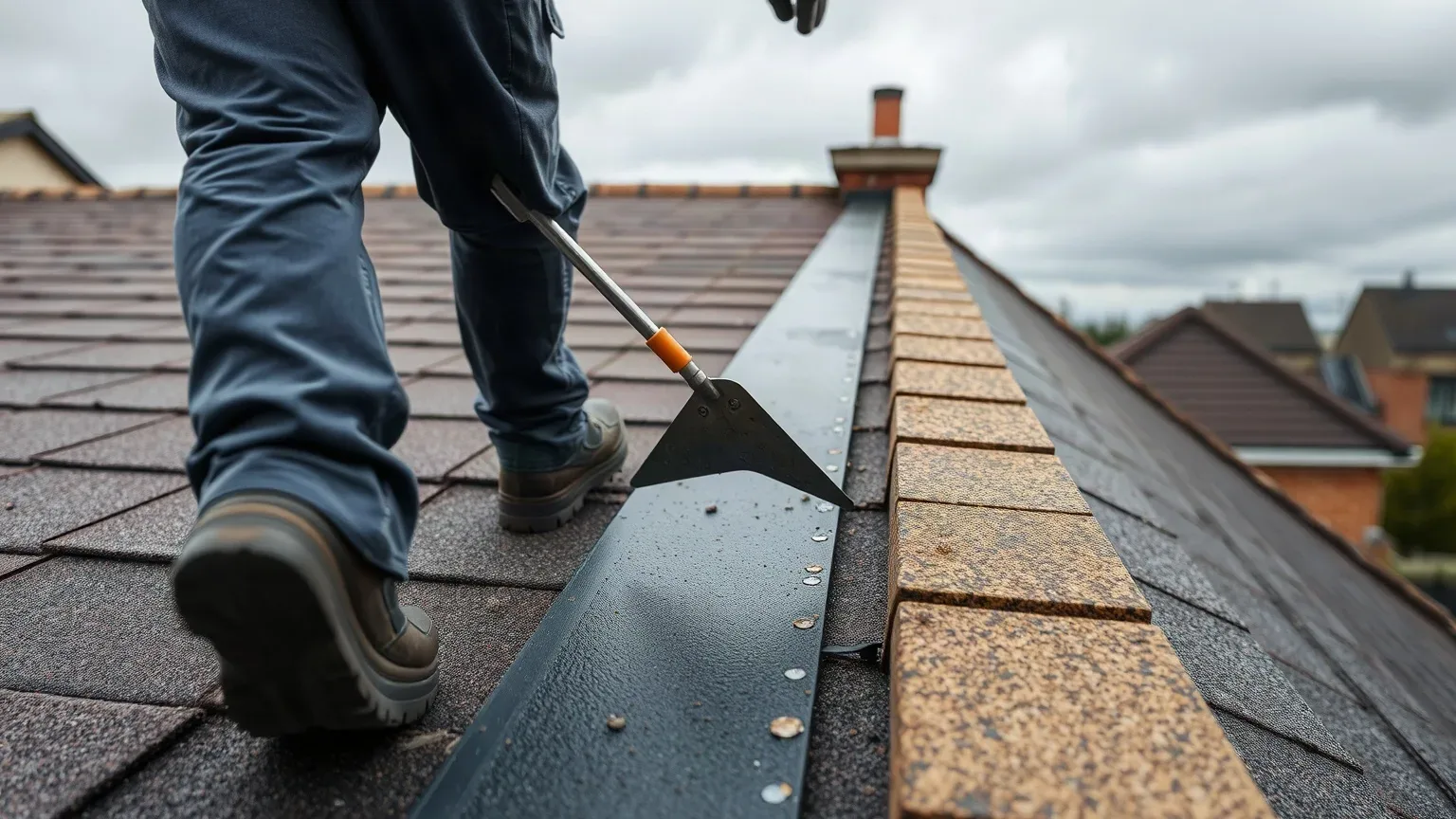 A roofer in full workwear walking the perimeter of a flat residential roof and using a metal roofing trowel to probe the upstand membrane at each corner for adhesion failure during a systematic condition assessment on a cloudy grey afternoon.