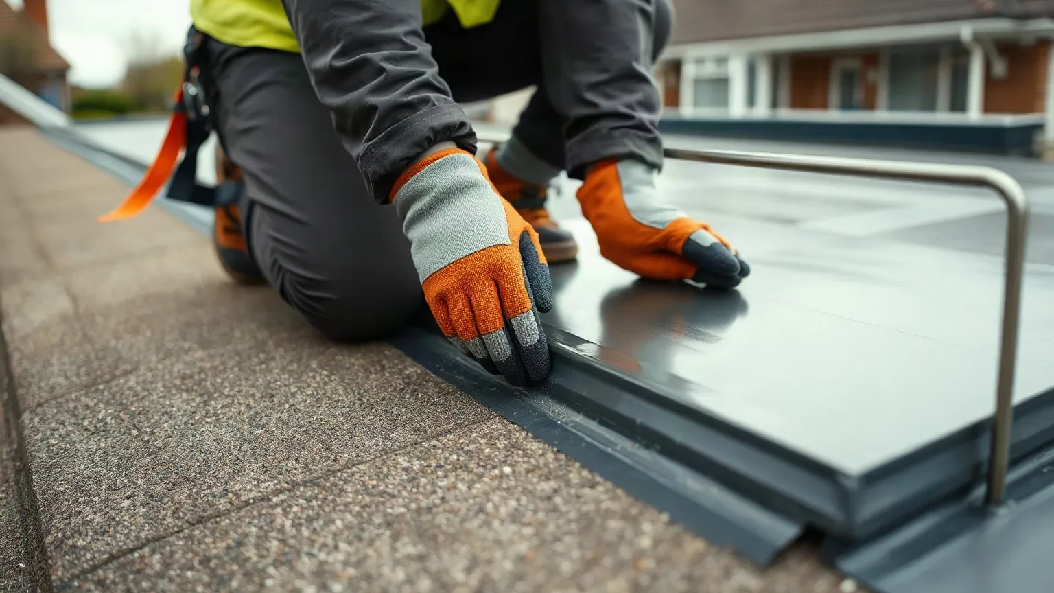 A roofer in a safety harness kneeling on a flat residential roof beside a parapet wall and pressing both gloved hands along the base of the upstand membrane to locate where water has tracked beneath the flashing on a damp overcast day.