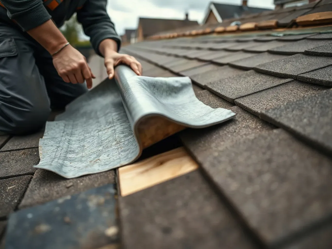 A roofer in full workwear kneeling on a flat residential roof and peeling back a blistered section of felt underlayment to inspect the timber decking beneath for water saturation before issuing a repair quote.