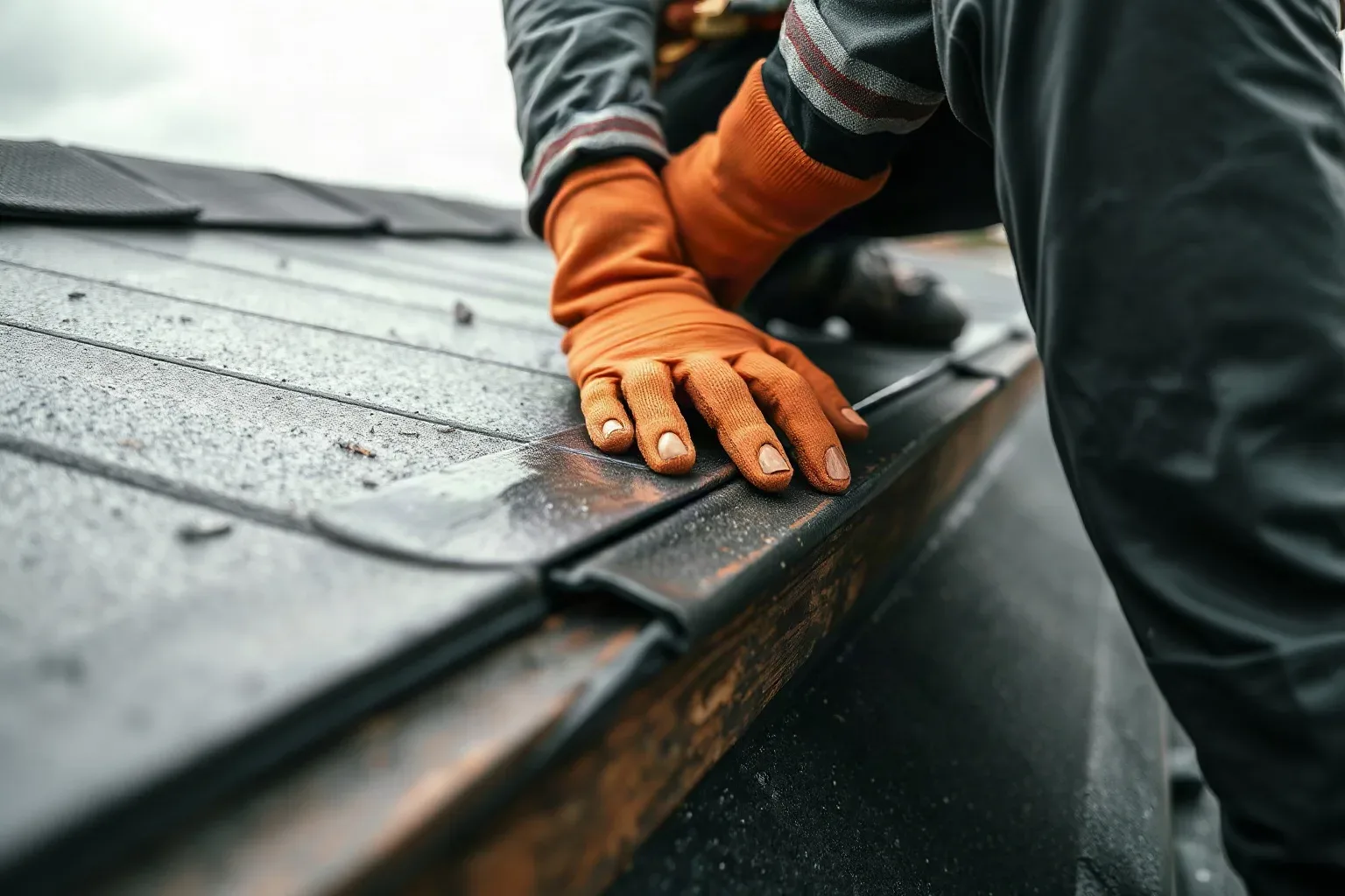 A roofer in a safety harness pressing a self-adhesive bitumen patch firmly over a split seam in a flat dormer roof membrane with both gloved hands on a damp overcast afternoon.
