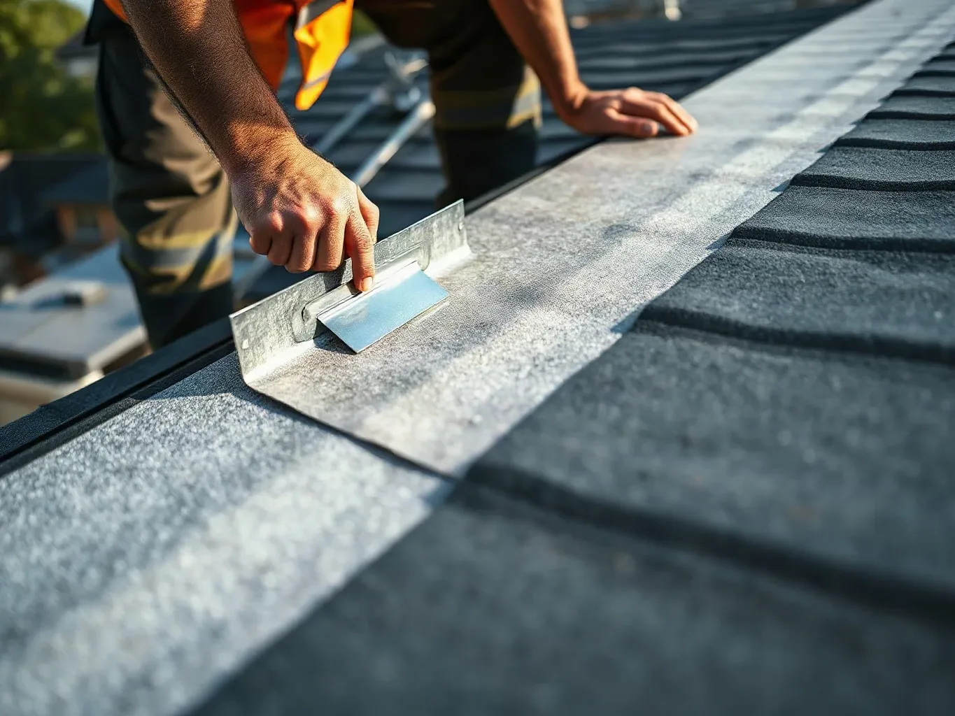 A roofer in workwear unrolling a fresh sheet of roofing felt underlayment across a flat rear extension roof and smoothing it down with a metal roofing trowel to eliminate air pockets before bonding.