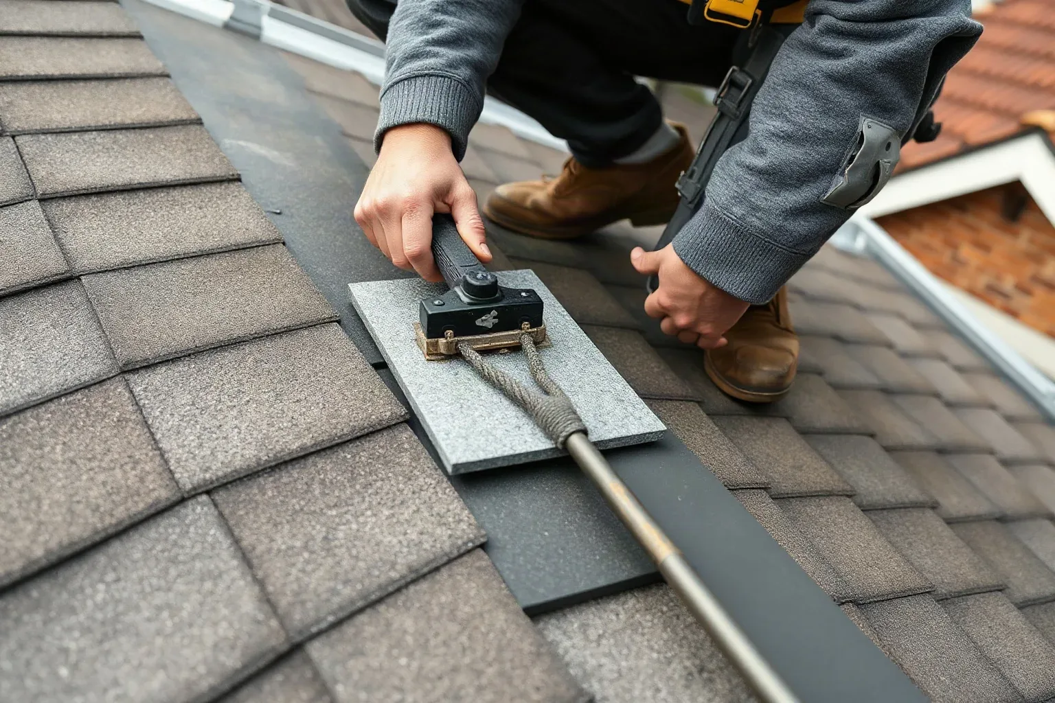 A roofer in a safety harness crouching at the edge of a flat residential roof and using a slate ripper tool to carefully lift the mineral-surfaced felt cap sheet and inspect the layer beneath for moisture damage.