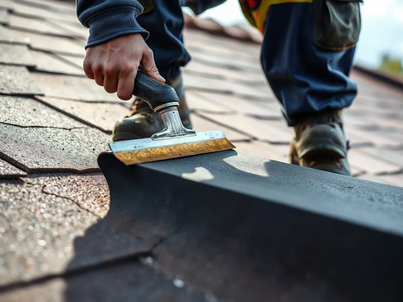 A roofer in full workwear standing on a flat dormer roof extension and using a metal roofing trowel to cut back a deteriorated section of felt membrane that has cracked along multiple lines across its surface.