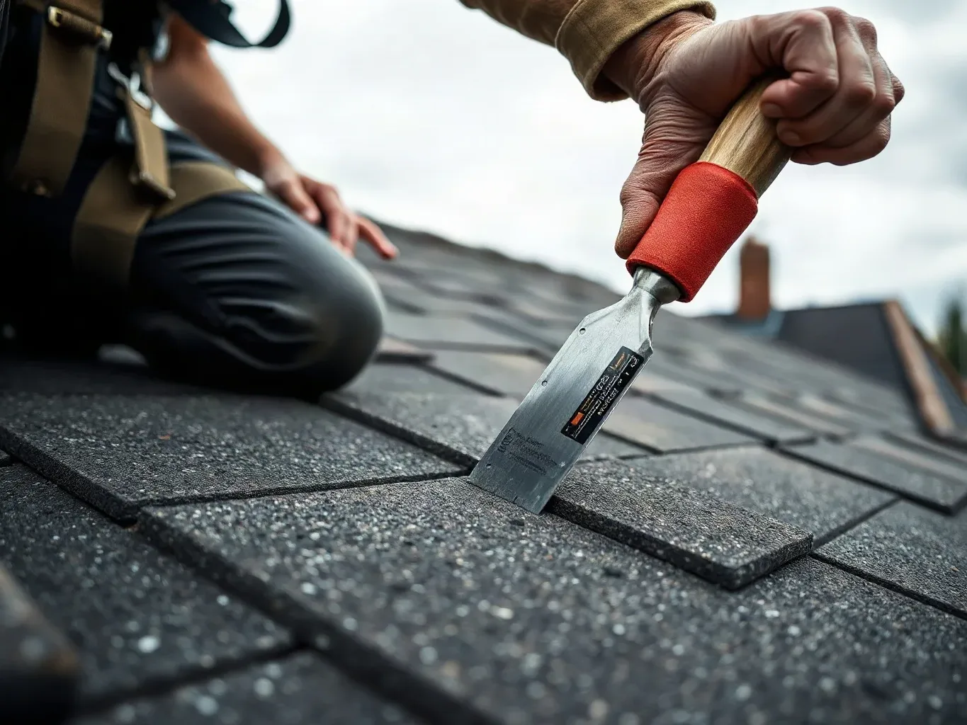 A roofer in a safety harness crouching on a flat residential roof and applying roofing mastic sealant along a failed upstand joint with a metal roofing trowel on a grey cloudy day.