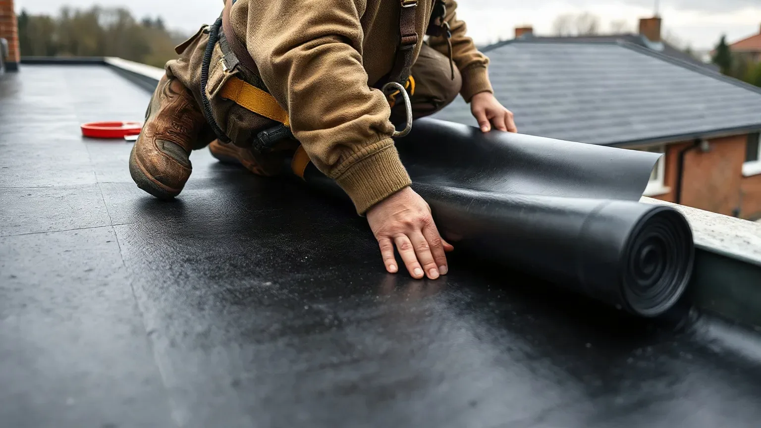 A roofer in a safety harness unrolling a wide EPDM rubber waterproofing sheet across a flat residential roof deck and aligning its edge with the upstand before pressing the surface flat with a metal roofing trowel on a damp grey day.