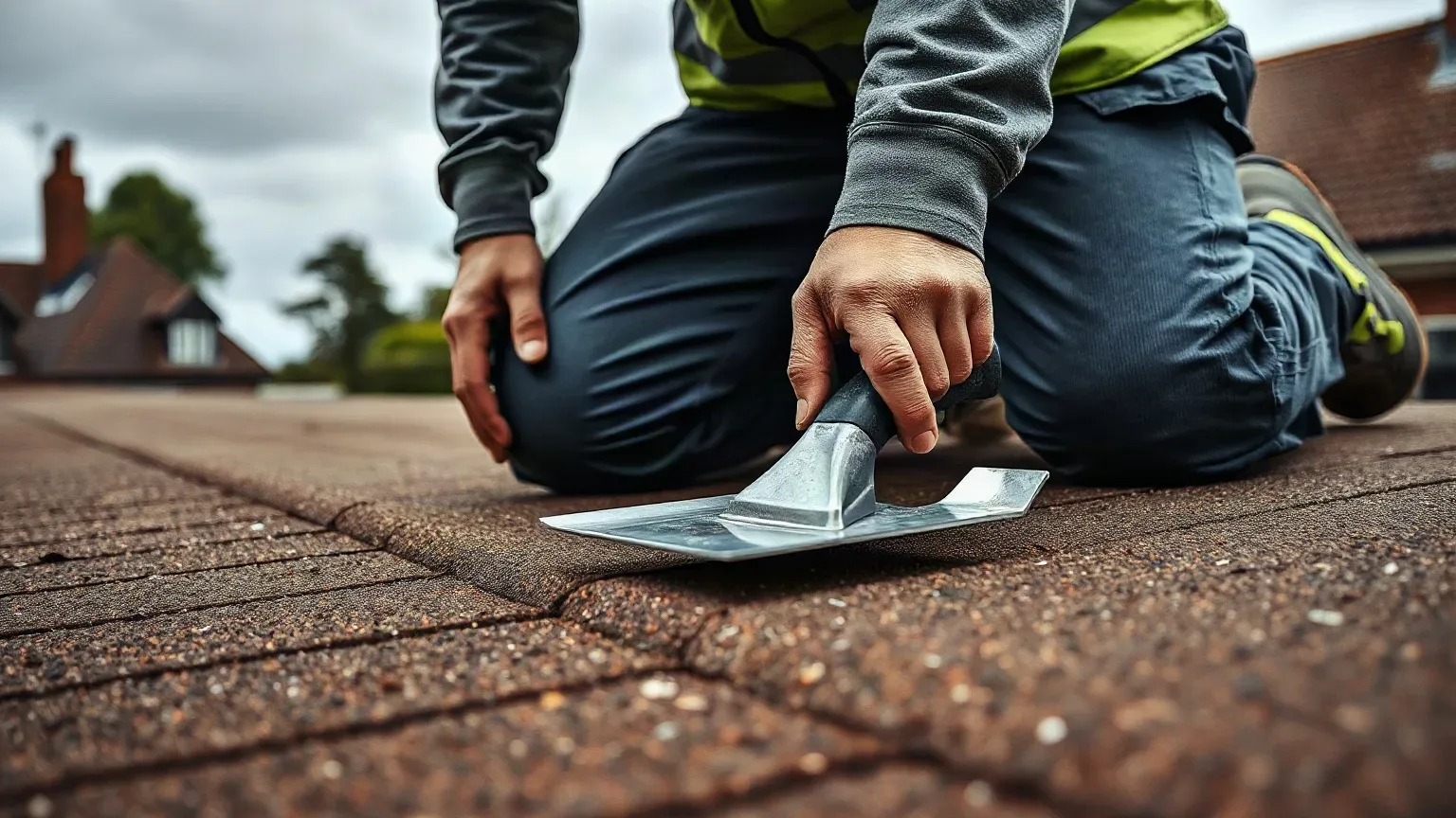 A roofer in full workwear kneeling on a flat residential roof and applying liquid fibreglass resin over a matting layer at the upstand junction using a metal roofing trowel to form a continuous waterproof seal on a cloudy overcast afternoon.