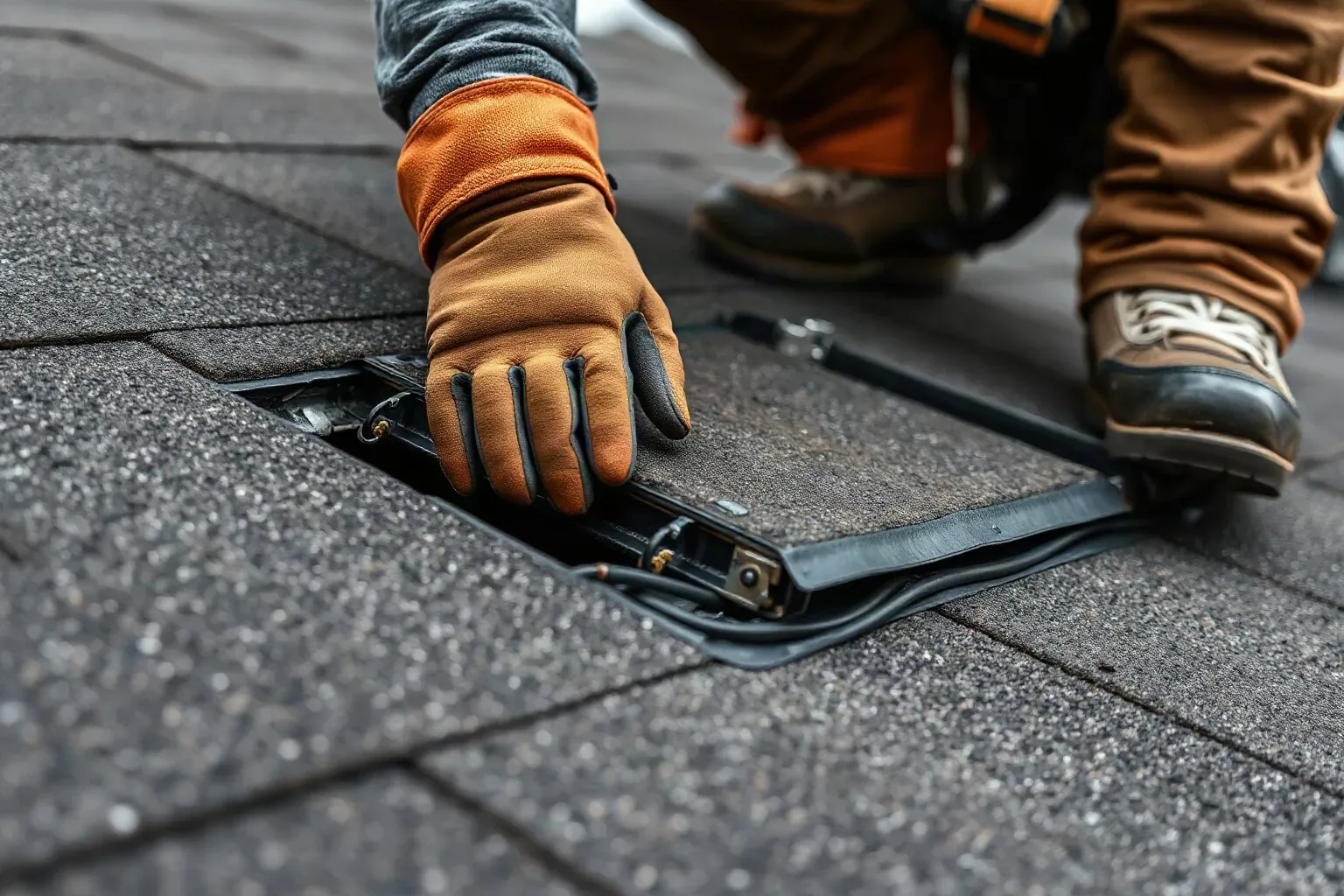 A roofer in a safety harness pressing both gloved hands onto a section of saturated flat roof insulation that has been exposed after stripping the failed membrane on a residential roof, assessing the extent of moisture damage on a grey overcast day.