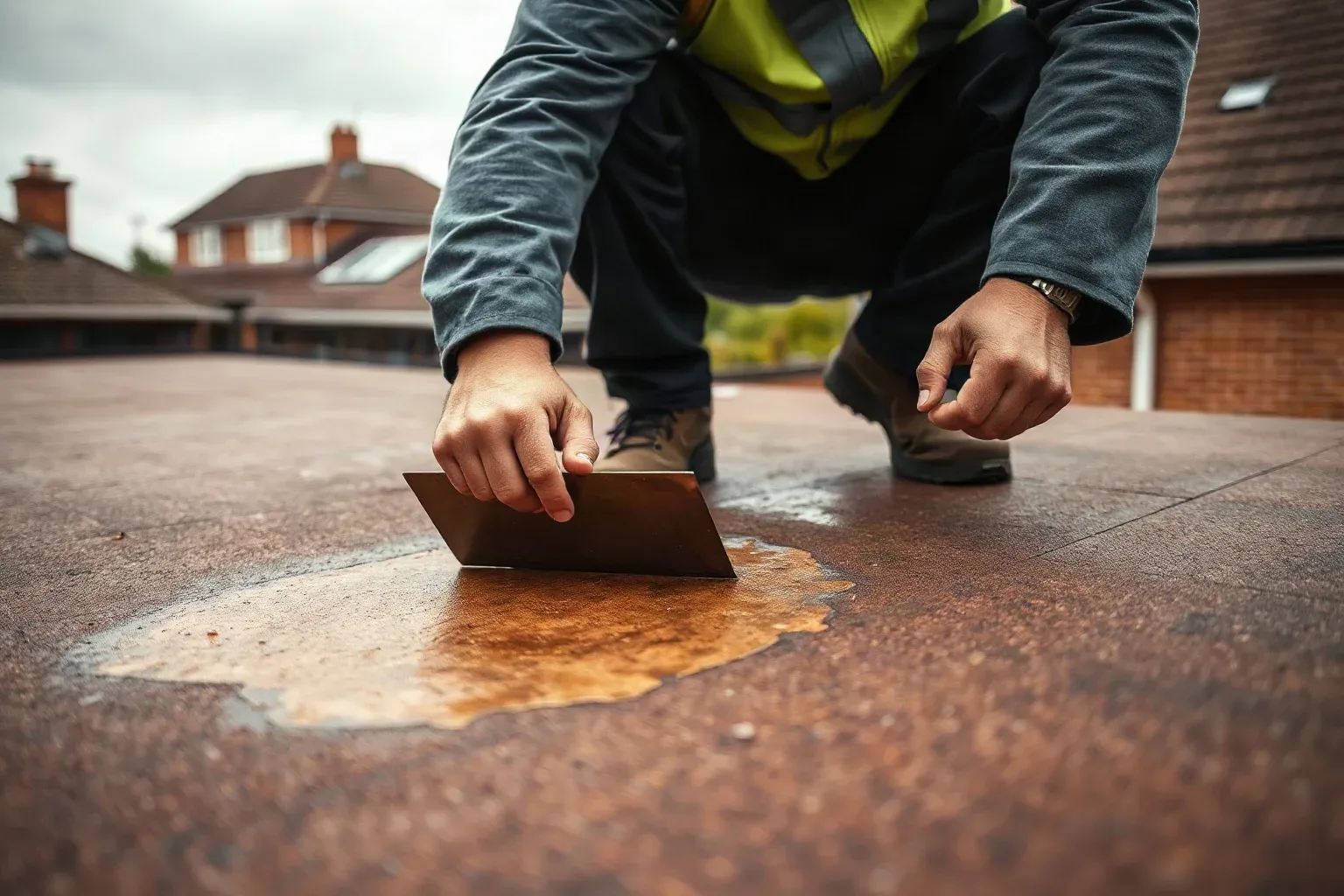 A roofer in full workwear crouching on a flat residential roof and using a metal roofing trowel to probe a blistered area of felt membrane where the surface has lifted away from the deck on a damp overcast afternoon.