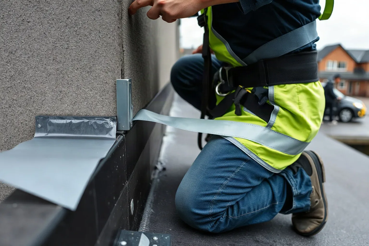 A roofer in a safety harness kneeling at the parapet wall of a flat residential roof and pressing self-adhesive flashing tape over the junction between the waterproof membrane and the upstand face with firm hand pressure on a grey overcast day.