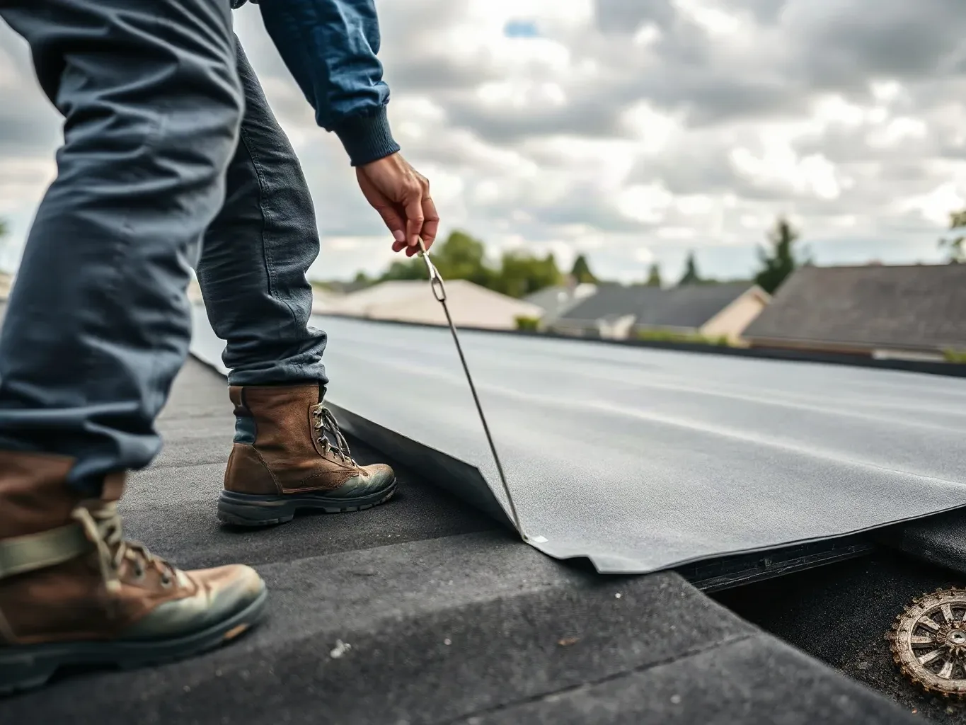 A roofer in full workwear standing on a flat residential roof and using a metal roofing trowel to smooth a section of torch-on felt cap sheet over a prepared substrate, working the sheet flat toward the drainage outlet on a cloudy afternoon.