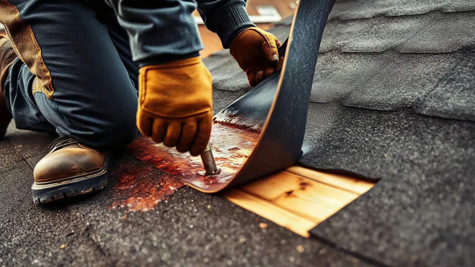 A roofer in full workwear kneeling on a flat residential roof and peeling back a corner of a deteriorating felt membrane to examine the timber deck beneath for signs of rot on a dull overcast afternoon.