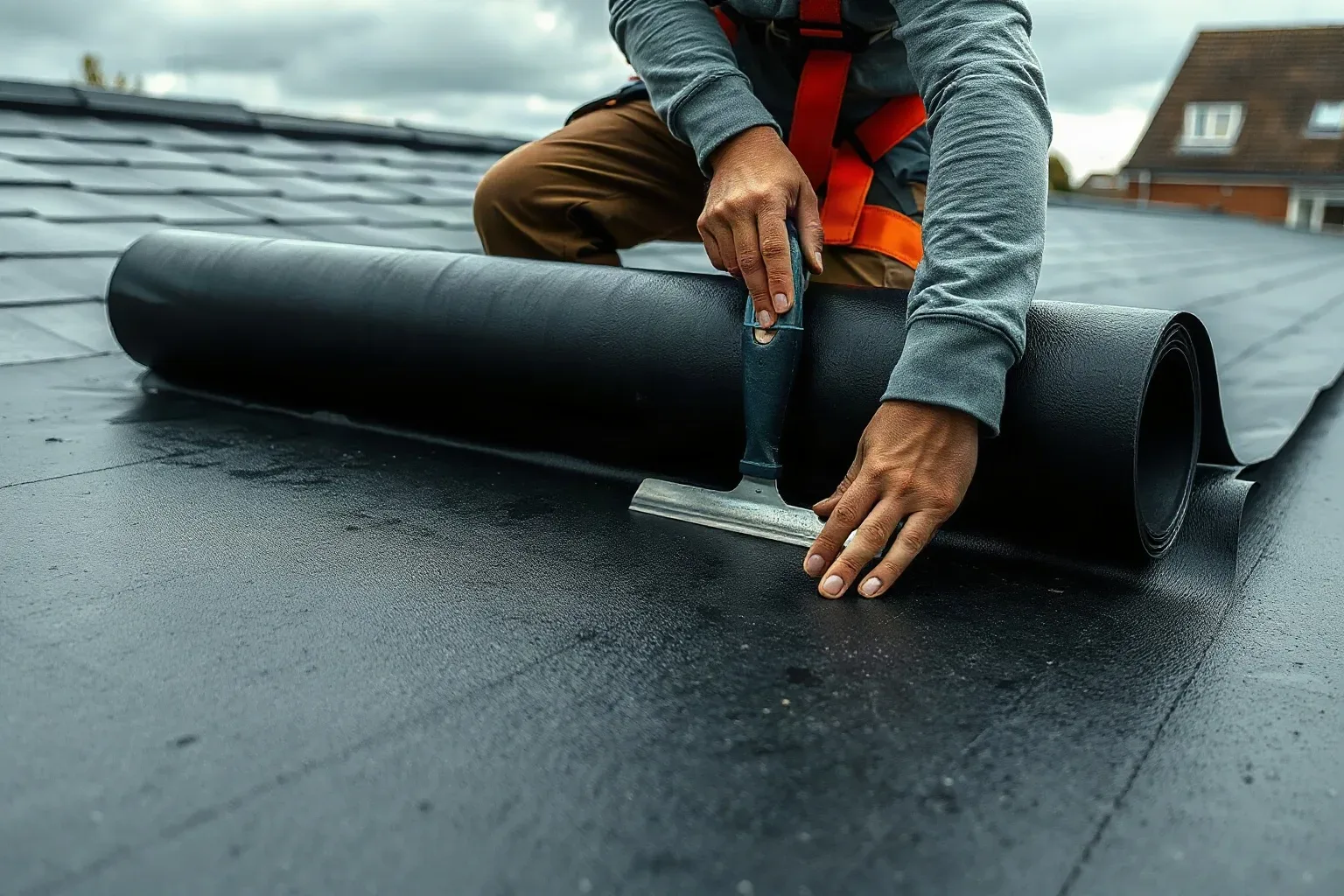 A roofer in a safety harness unrolling a new single-ply rubber membrane across a flat residential roof extension and pressing its leading edge down with a metal roofing trowel to ensure full contact with the prepared deck on a cloudy grey day.